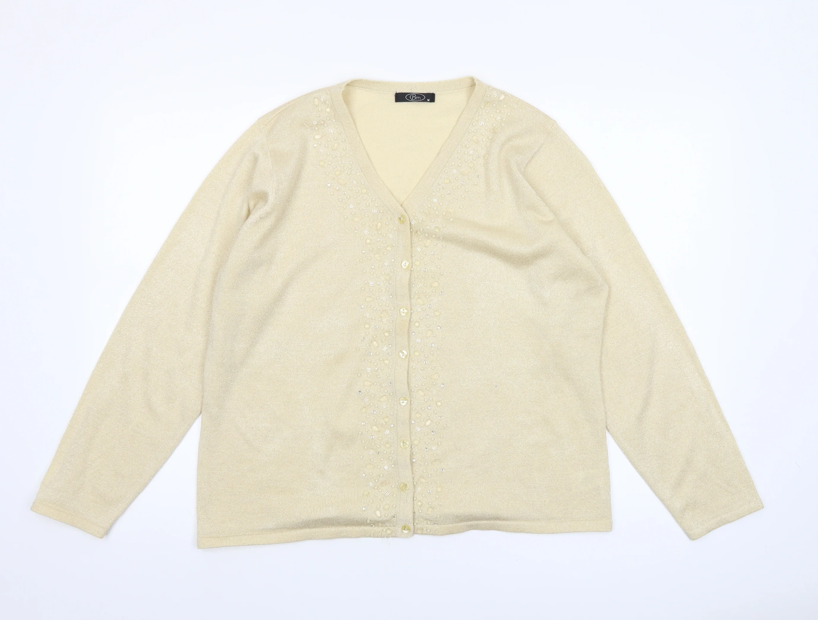 Bm Women’s Beige Beaded V-Neck Cardigan M Knit Lightweight