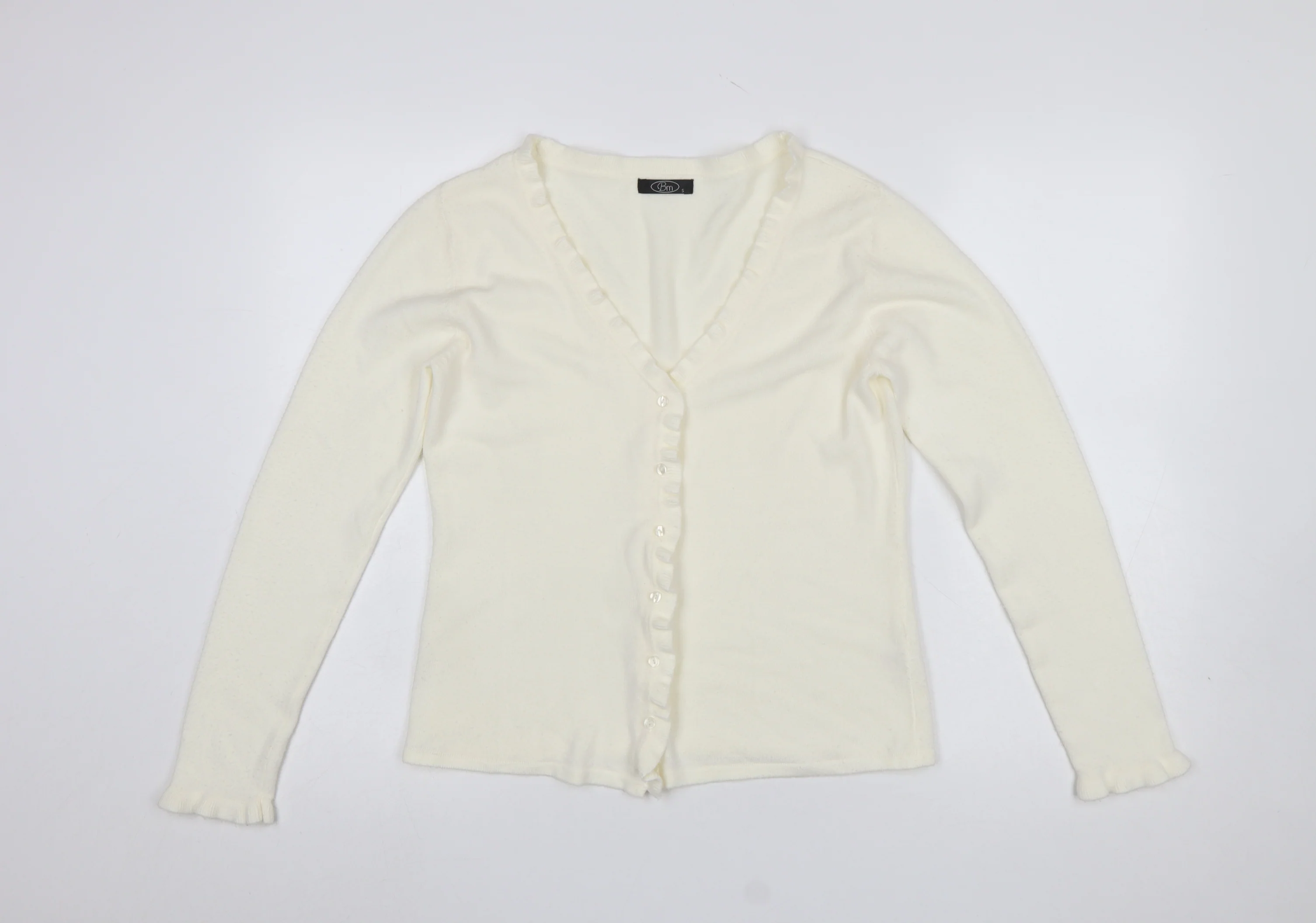 Bm Womens Ivory Ruffle Edge V-Neck Cardigan Size S