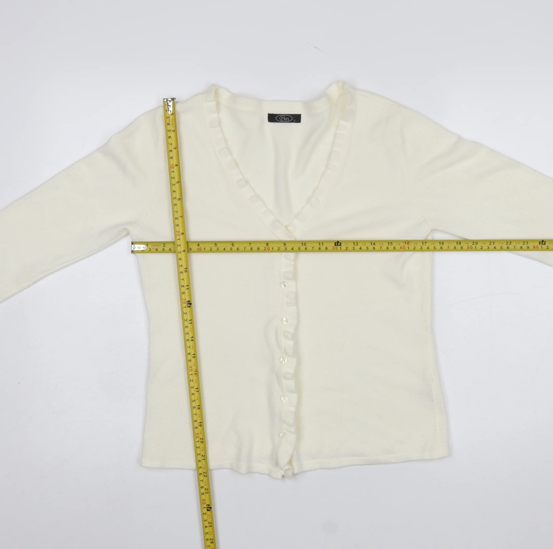 Bm Womens Ivory Ruffle Edge V-Neck Cardigan Size S - Image 2