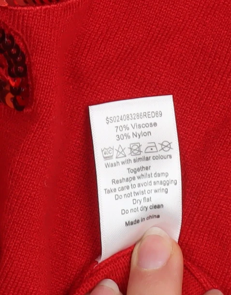 Bm Women's Red Sequin Neck Knit Jumper Medium 3/4 Sleeve Pullover - Image 5