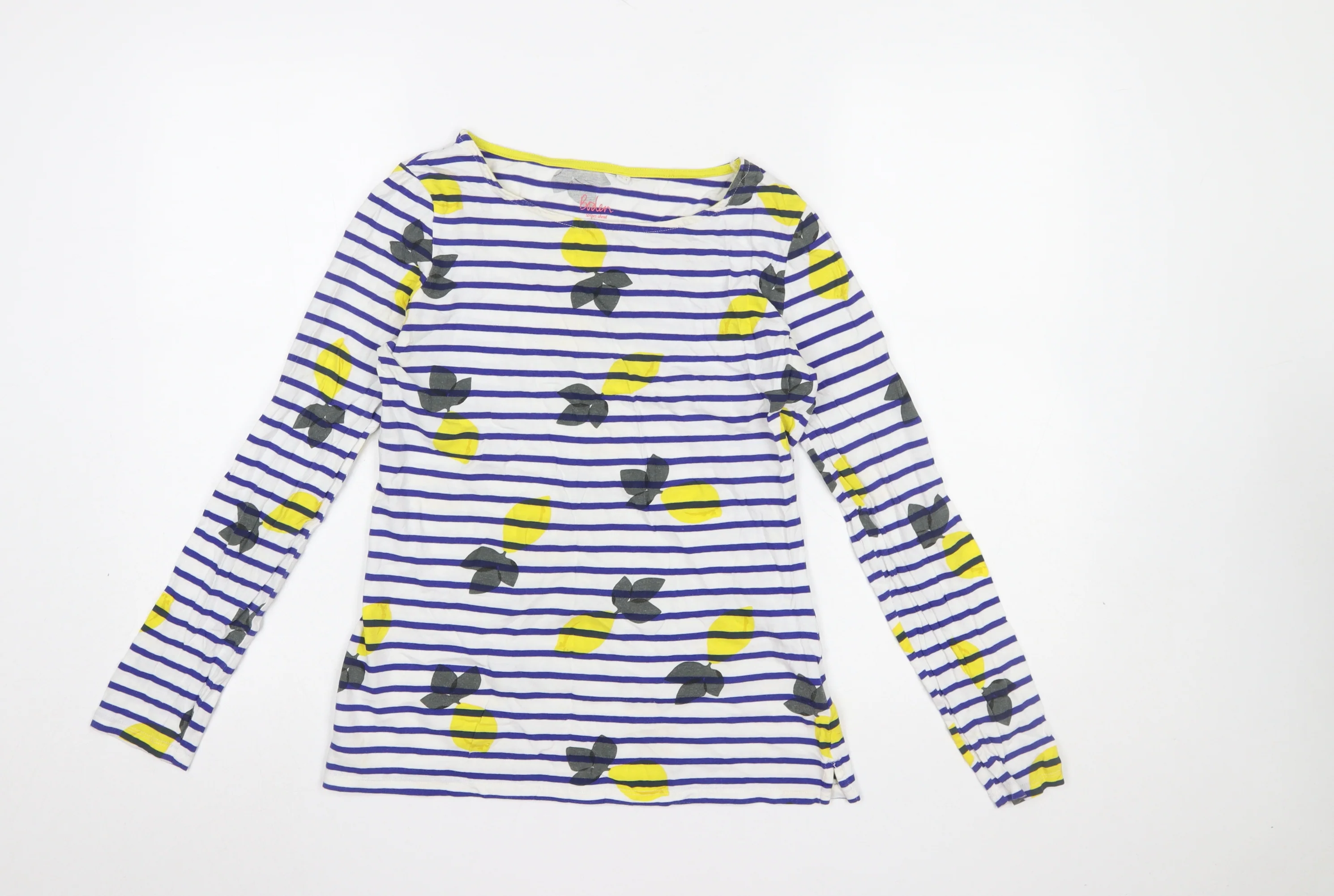 Boden Women’s Multicoloured Lemon Stripe Long Sleeve Cotton T-Shirt UK 8