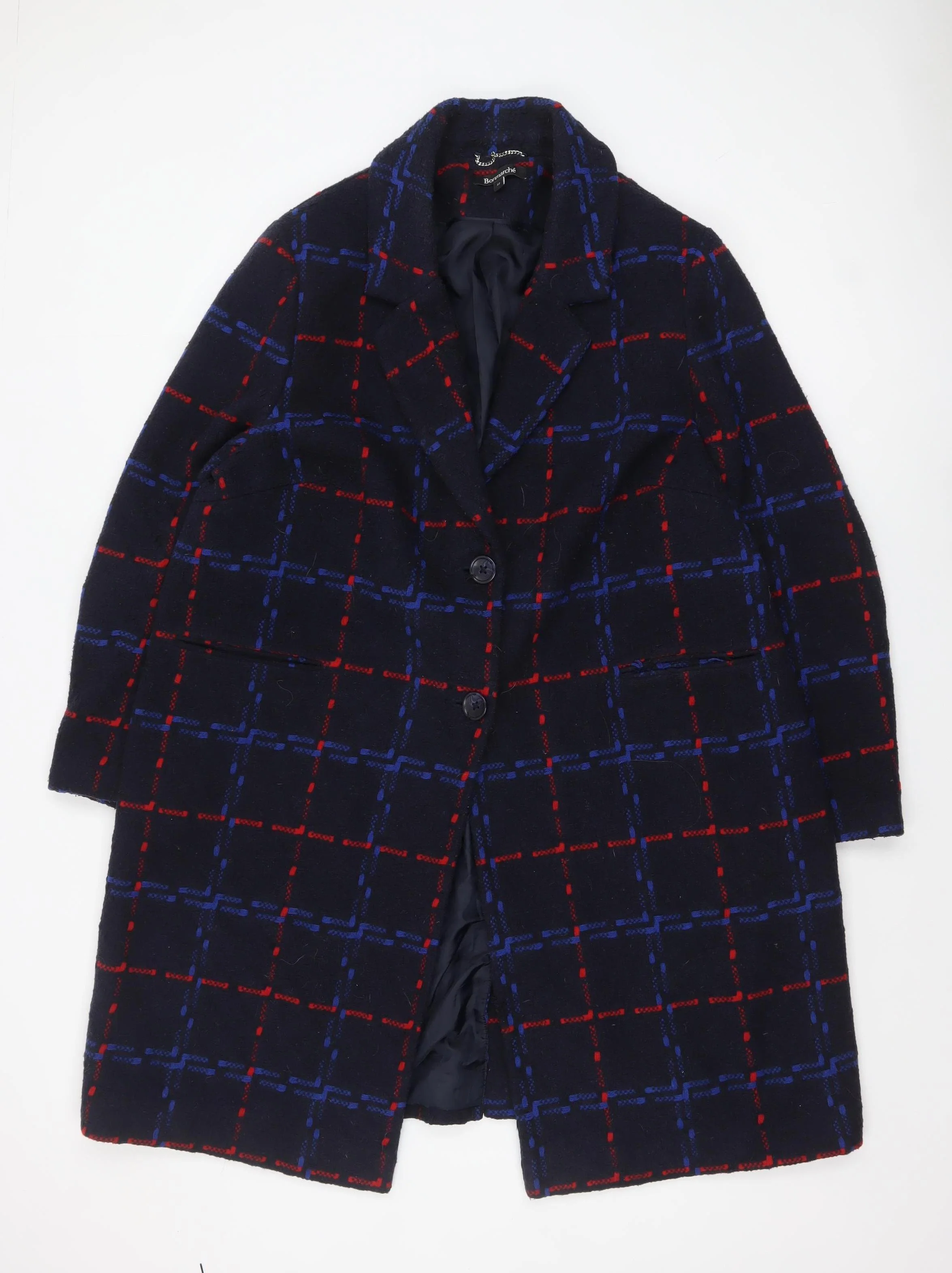 Bonmarché Women Navy Blue Red Check Wool Blend Coat Size 22