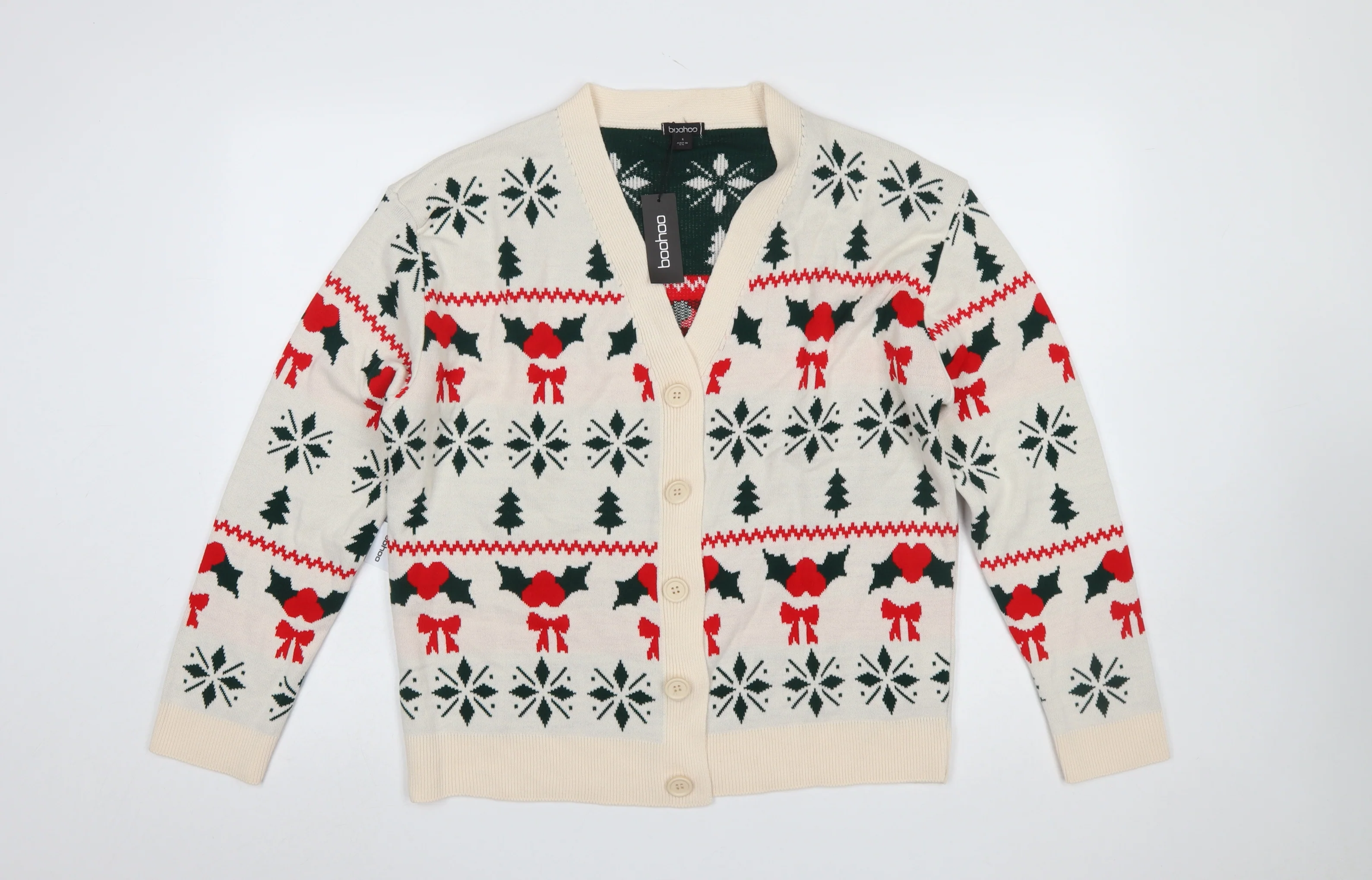 Boohoo Women Beige Christmas Fair Isle Cardigan Size S