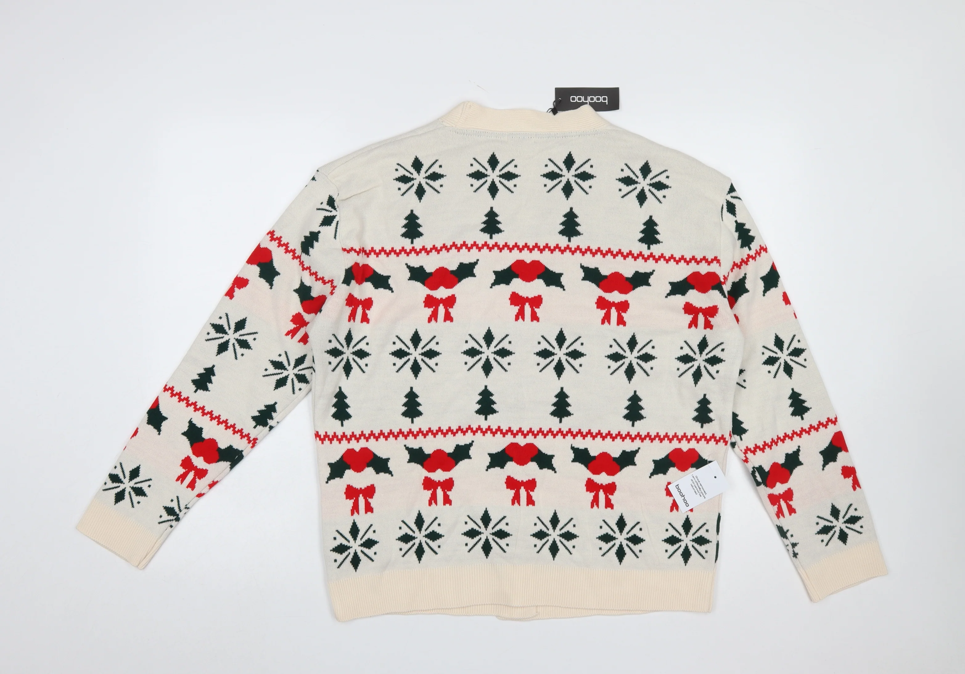 Boohoo Women Beige Christmas Fair Isle Cardigan Size S - Image 3