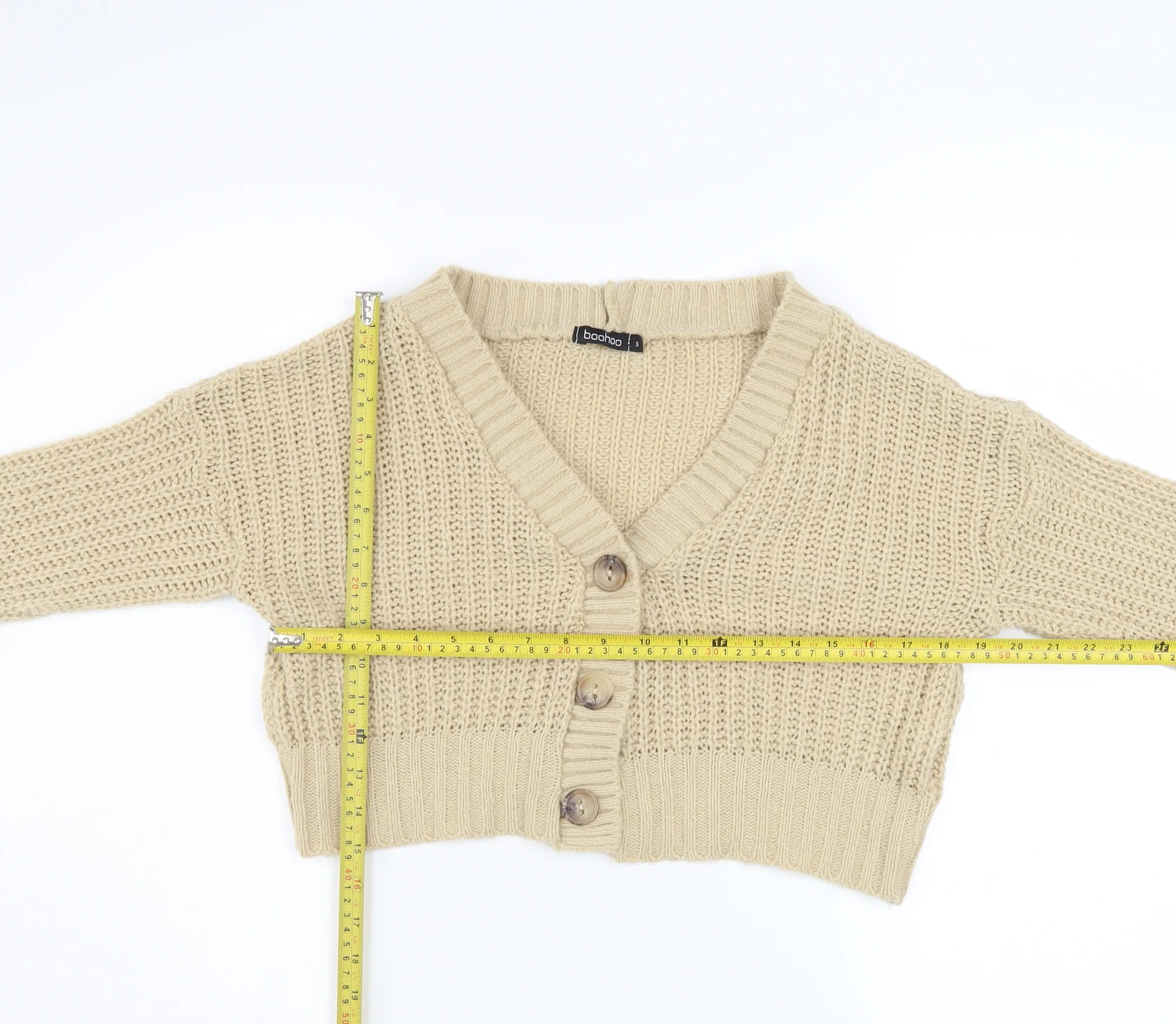 Boohoo Women Beige Chunky Knit V-Neck Cardigan Size S - Image 2