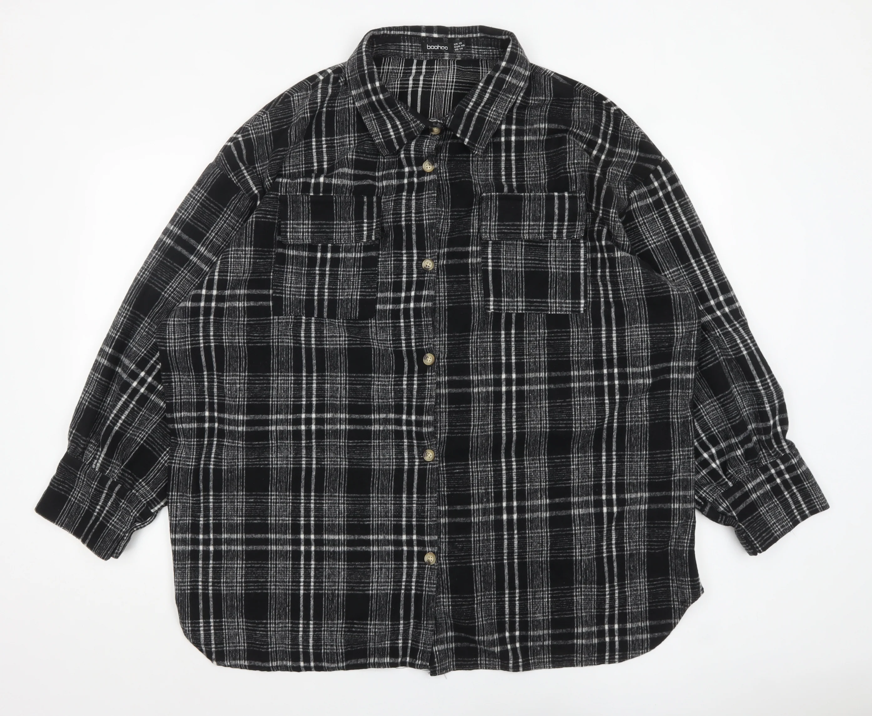 Boohoo Women Black Checked Flannel Shacket UK 18 Long Sleeve