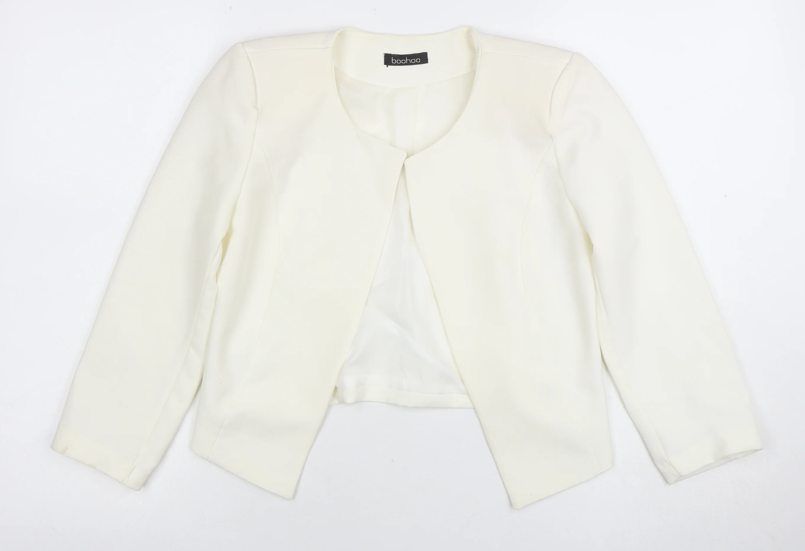 Boohoo Women Ivory Cropped Suit Jacket Blazer S Polyester Blend