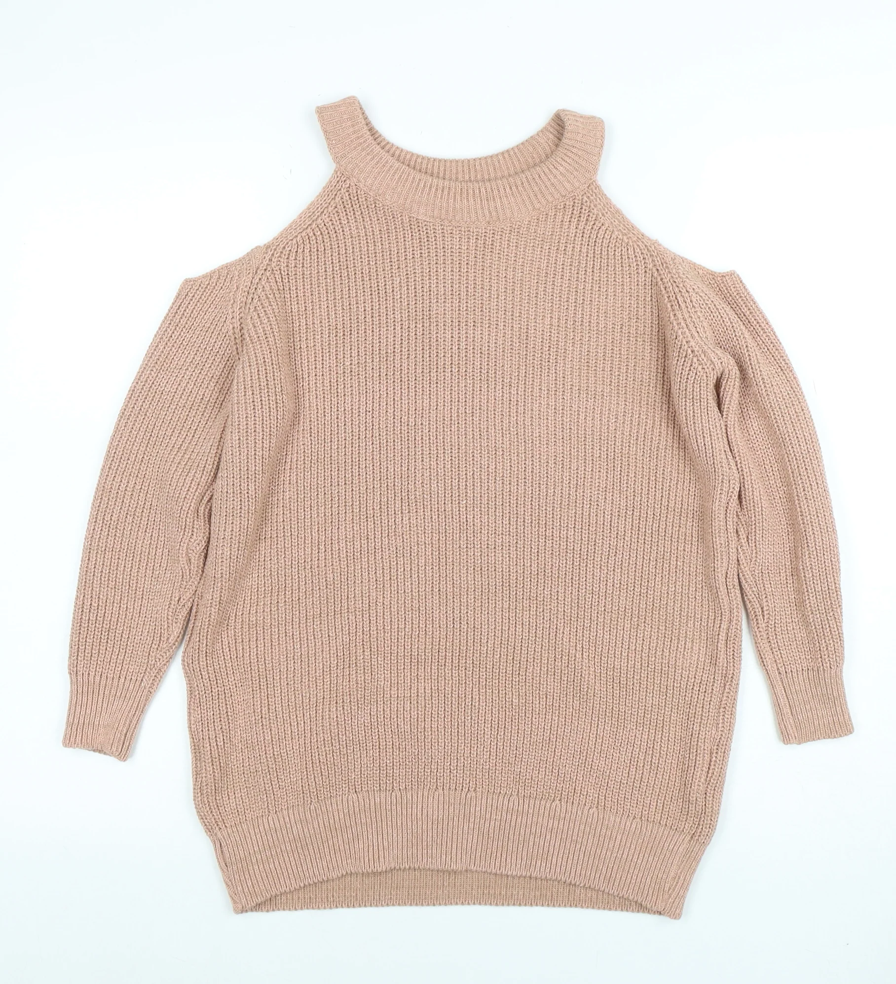 Boohoo Women’s Beige Cold Shoulder Knit Jumper Size S - Image 3