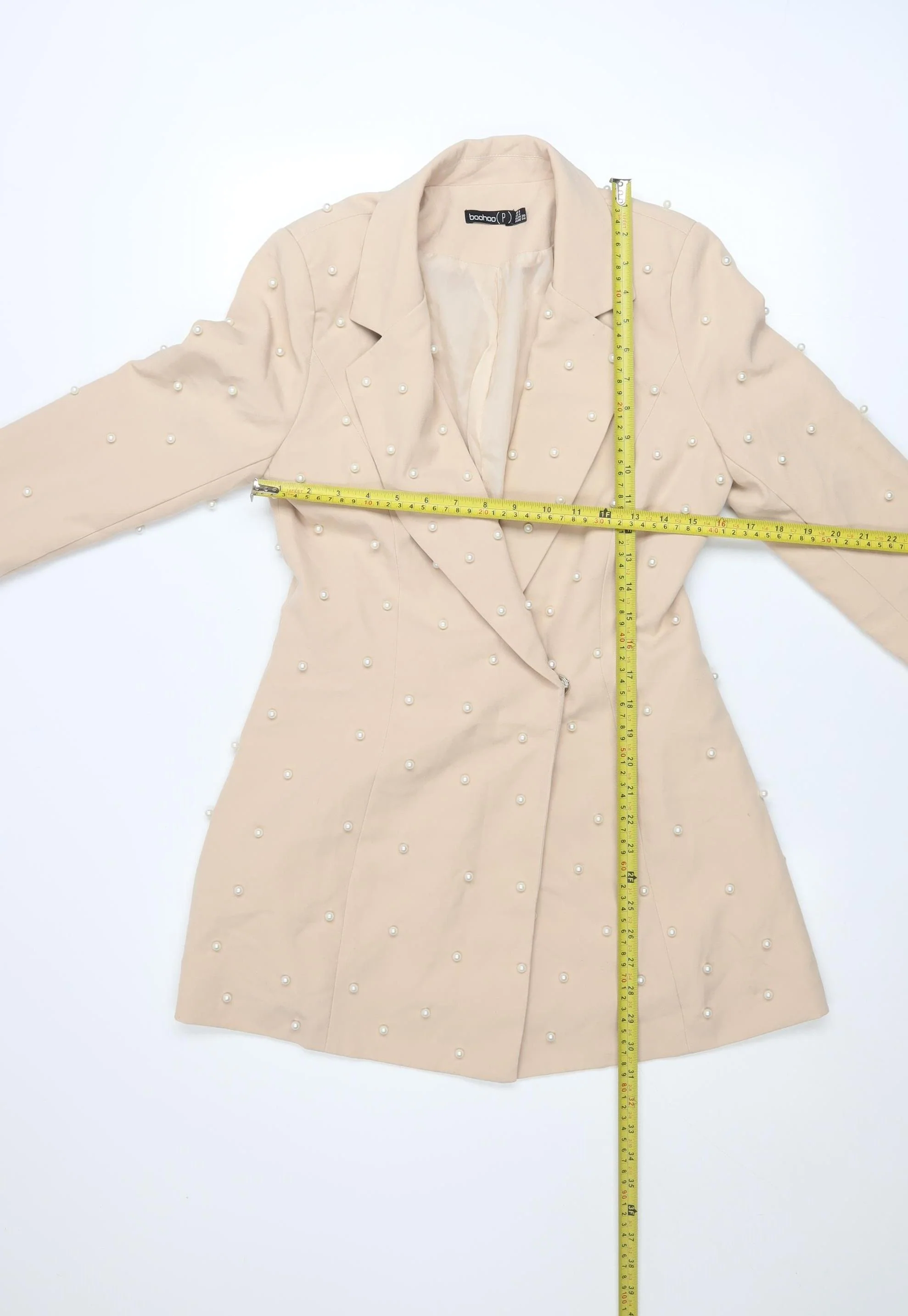 Boohoo Womens Beige Pearl Embellished Blazer UK 8 Classic Mid-Length - Image 2