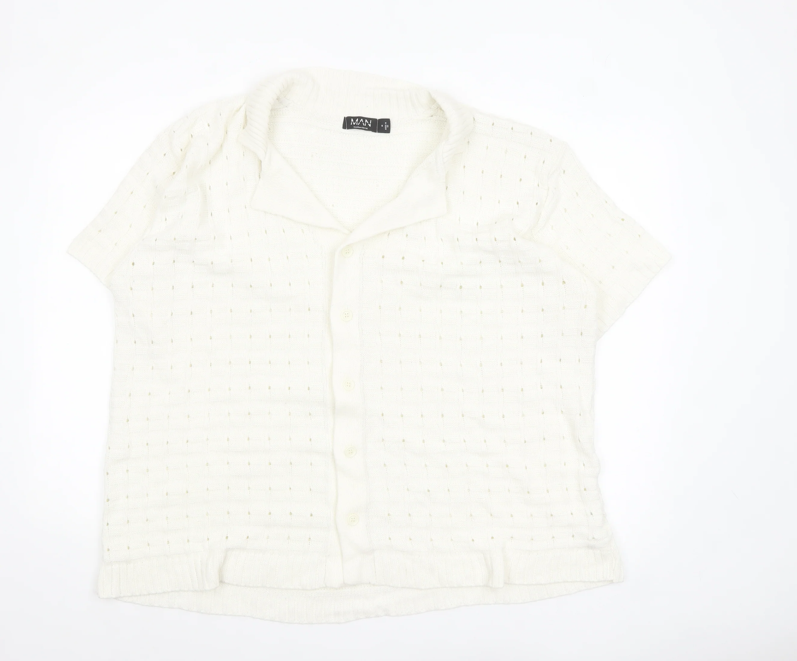 boohooMAN Men’s Ivory Short Sleeve Collared Knit Cardigan M