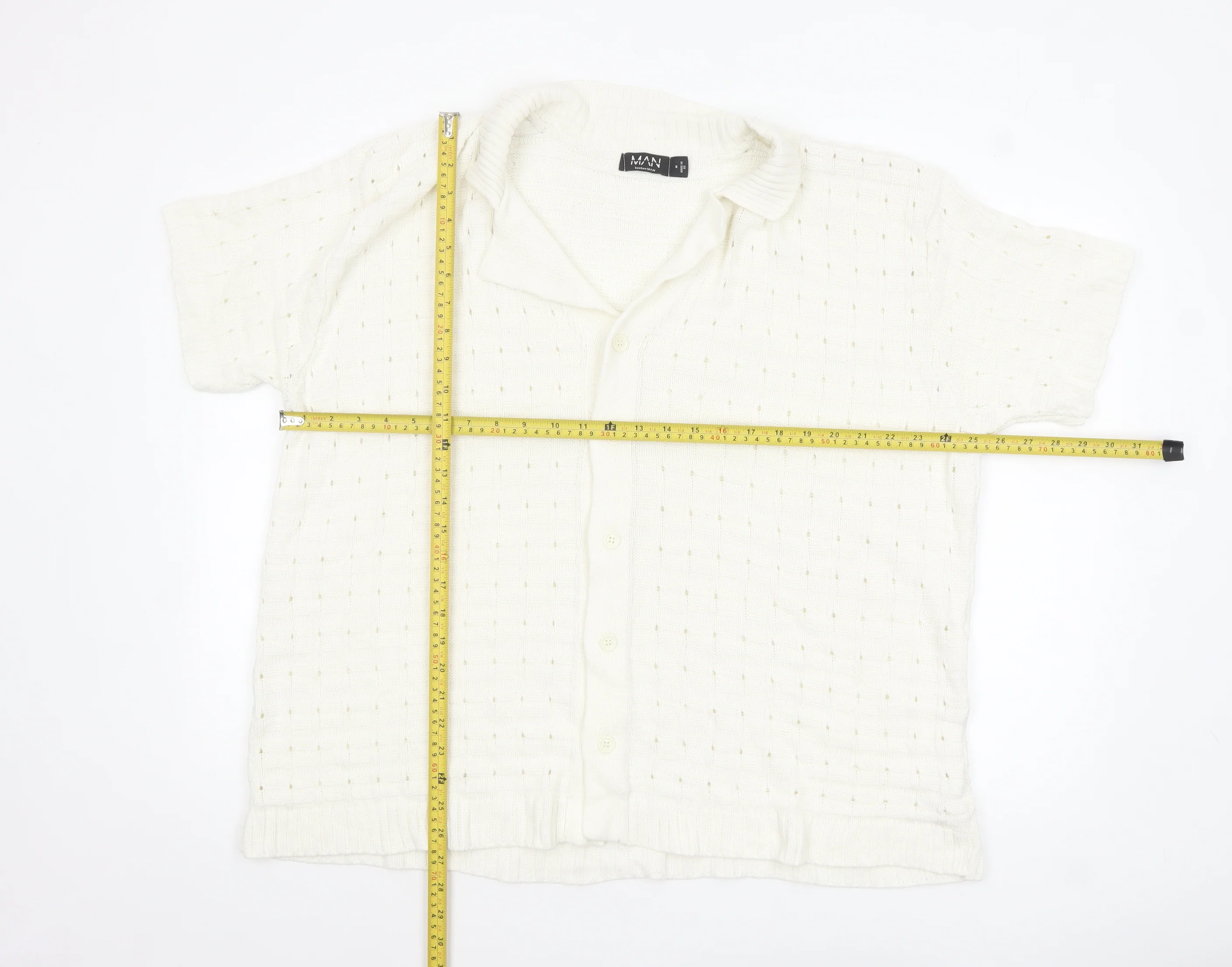 boohooMAN Men’s Ivory Short Sleeve Collared Knit Cardigan M - Image 2