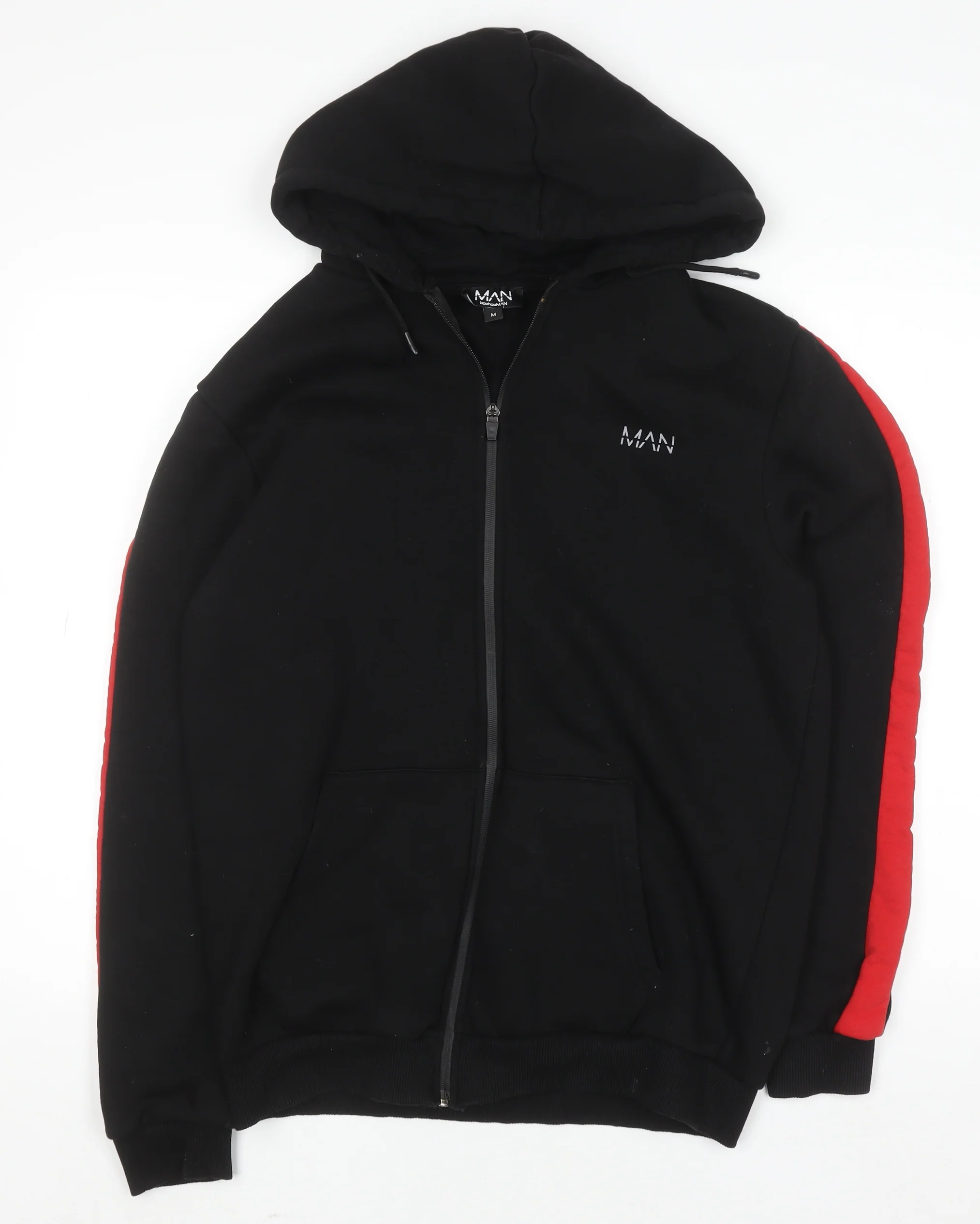 boohooMAN Men's Black Full Zip Hoodie Size M with Red Stripe Detail