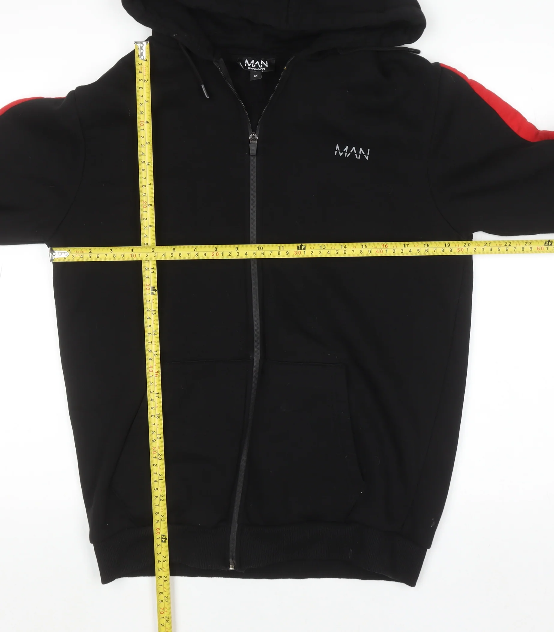 boohooMAN Men's Black Full Zip Hoodie Size M with Red Stripe Detail - Image 2