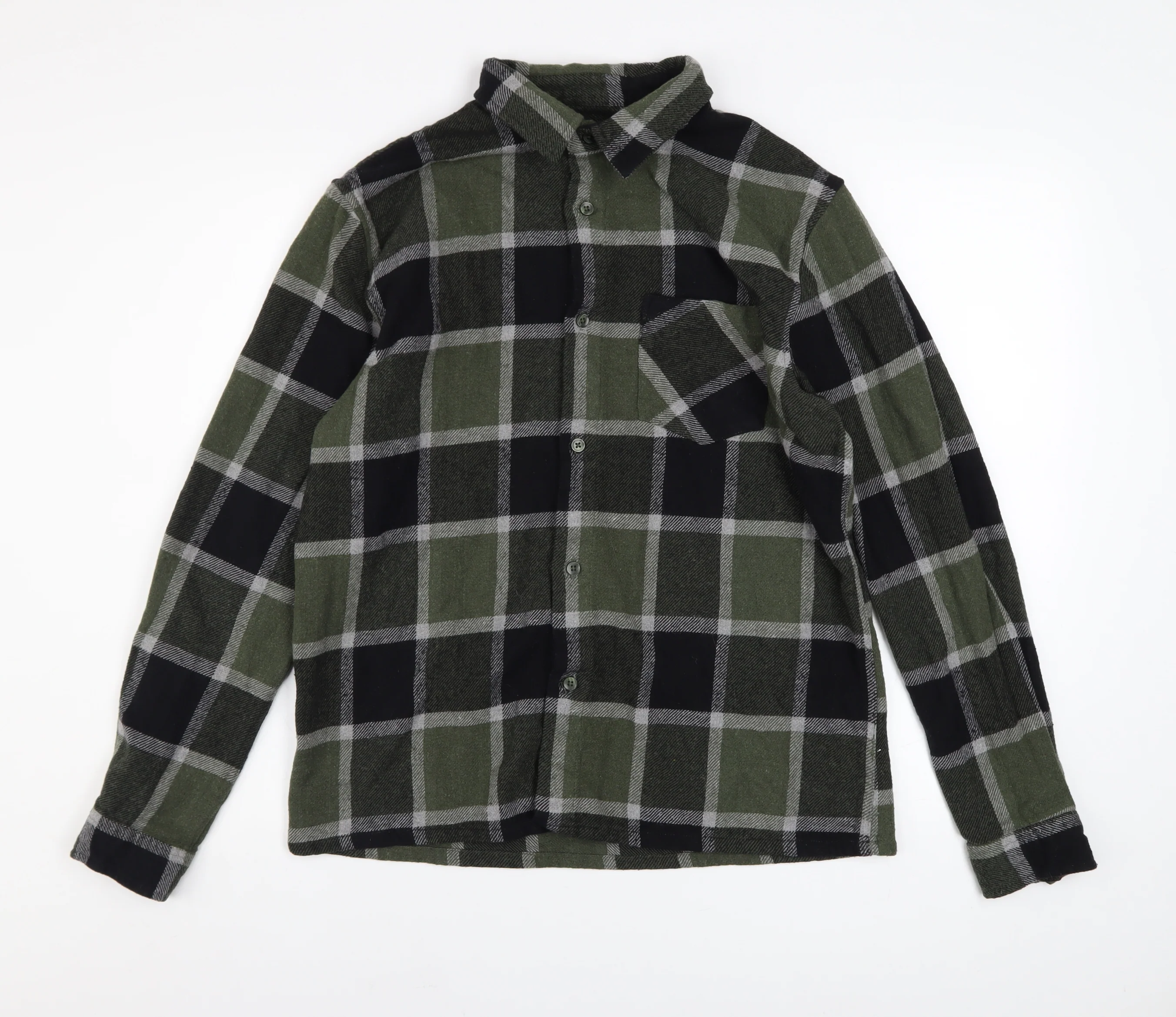 BoohooMAN Men's Green Check Flannel Long Sleeve Button-Up Shirt Size L