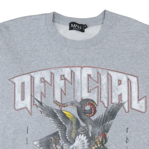 boohooMAN Men's Grey Graphic Skull Eagle Crew Neck Sweatshirt Size S - Image 8