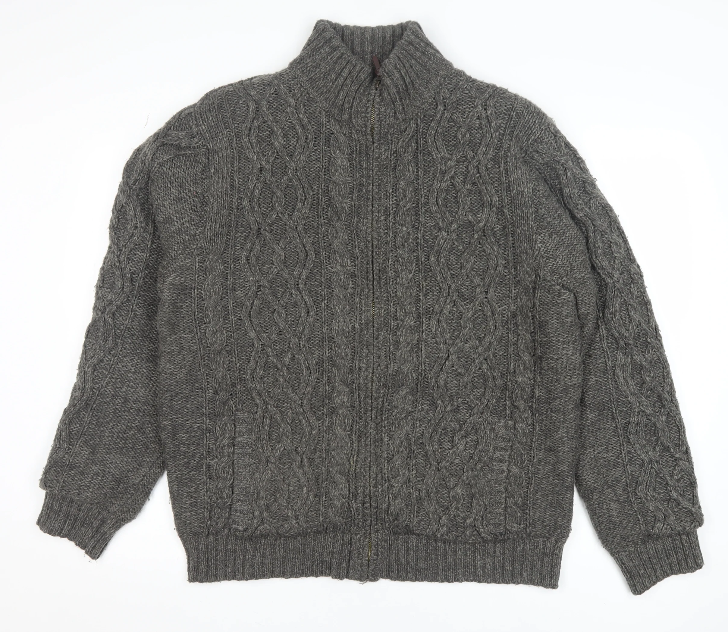 Boston Crew Men's Grey Full Zip Cable Knit Jumper L Warm Lined High Neck