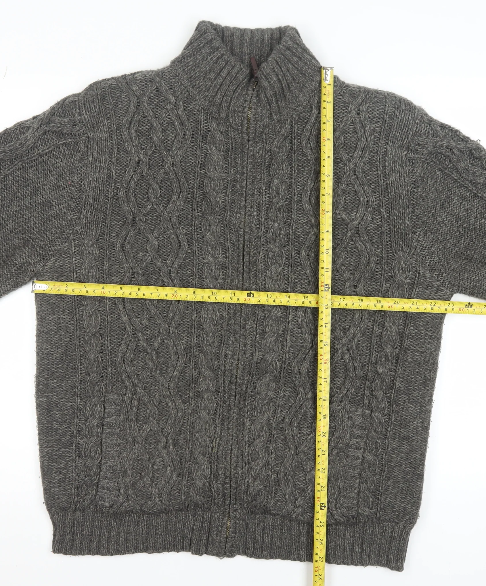 Boston Crew Men's Grey Full Zip Cable Knit Jumper L Warm Lined High Neck - Image 2