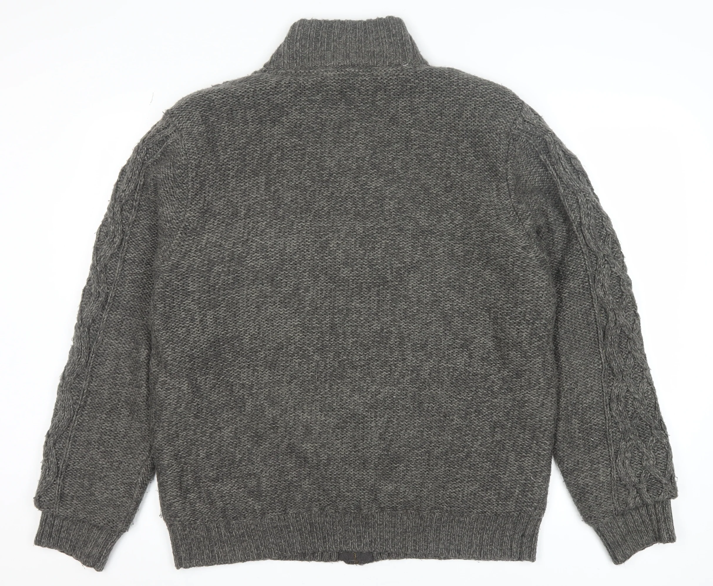 Boston Crew Men's Grey Full Zip Cable Knit Jumper L Warm Lined High Neck - Image 3