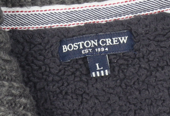 Boston Crew Men's Grey Full Zip Cable Knit Jumper L Warm Lined High Neck - Image 4