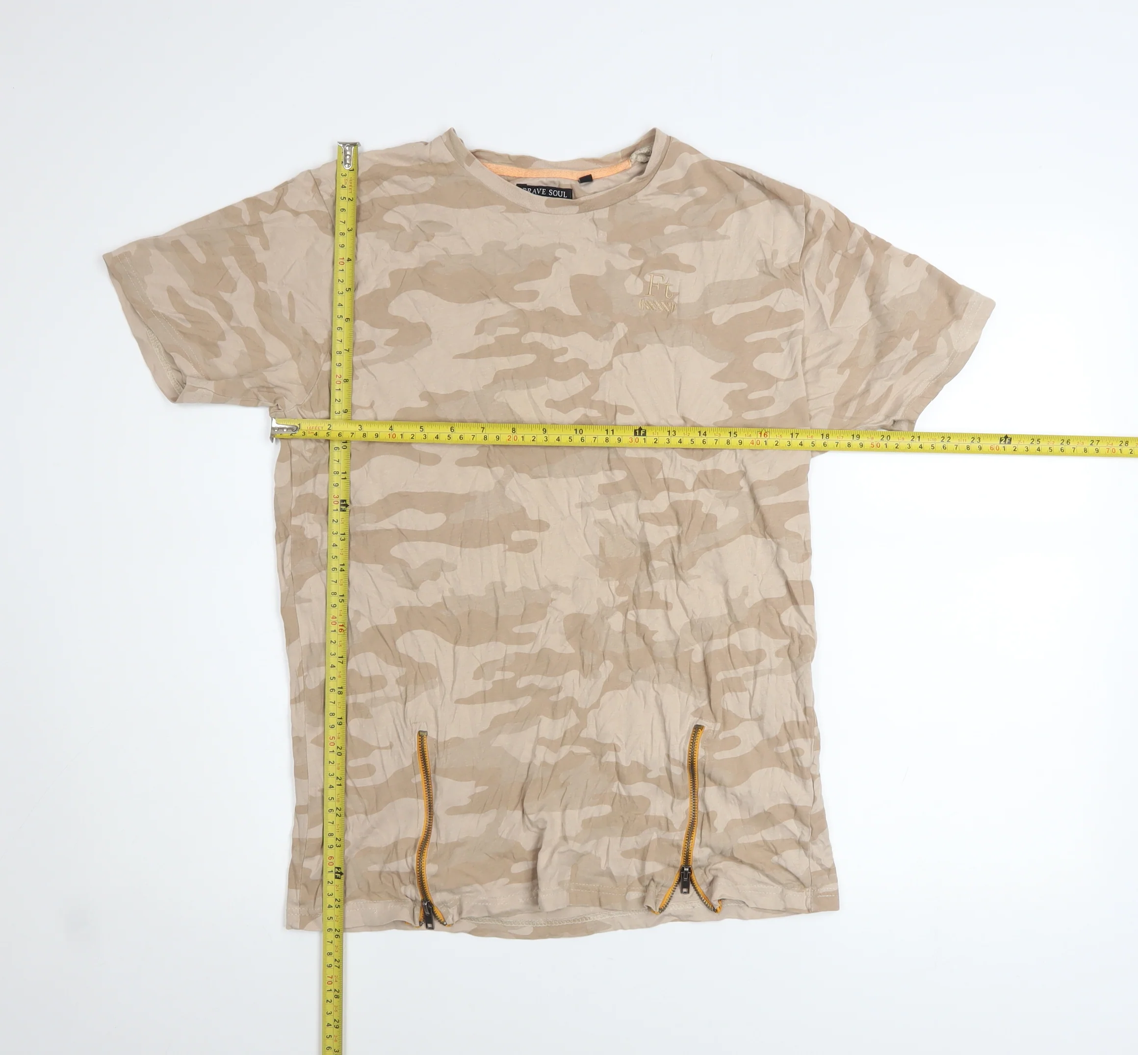 Brave Soul Men's Beige Camouflage Cotton T-Shirt Size L with Zip Accents - Image 2