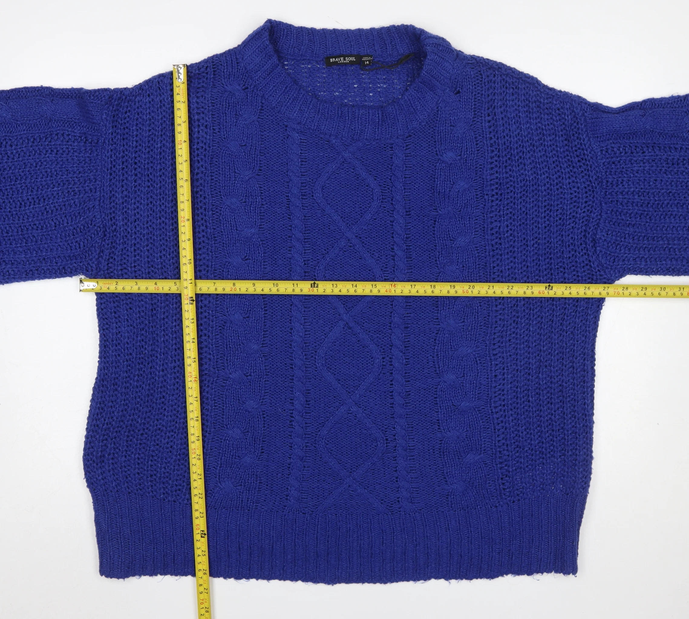 Brave Soul Women Blue Cable Knit Crew Neck Jumper Size 14 - Image 2