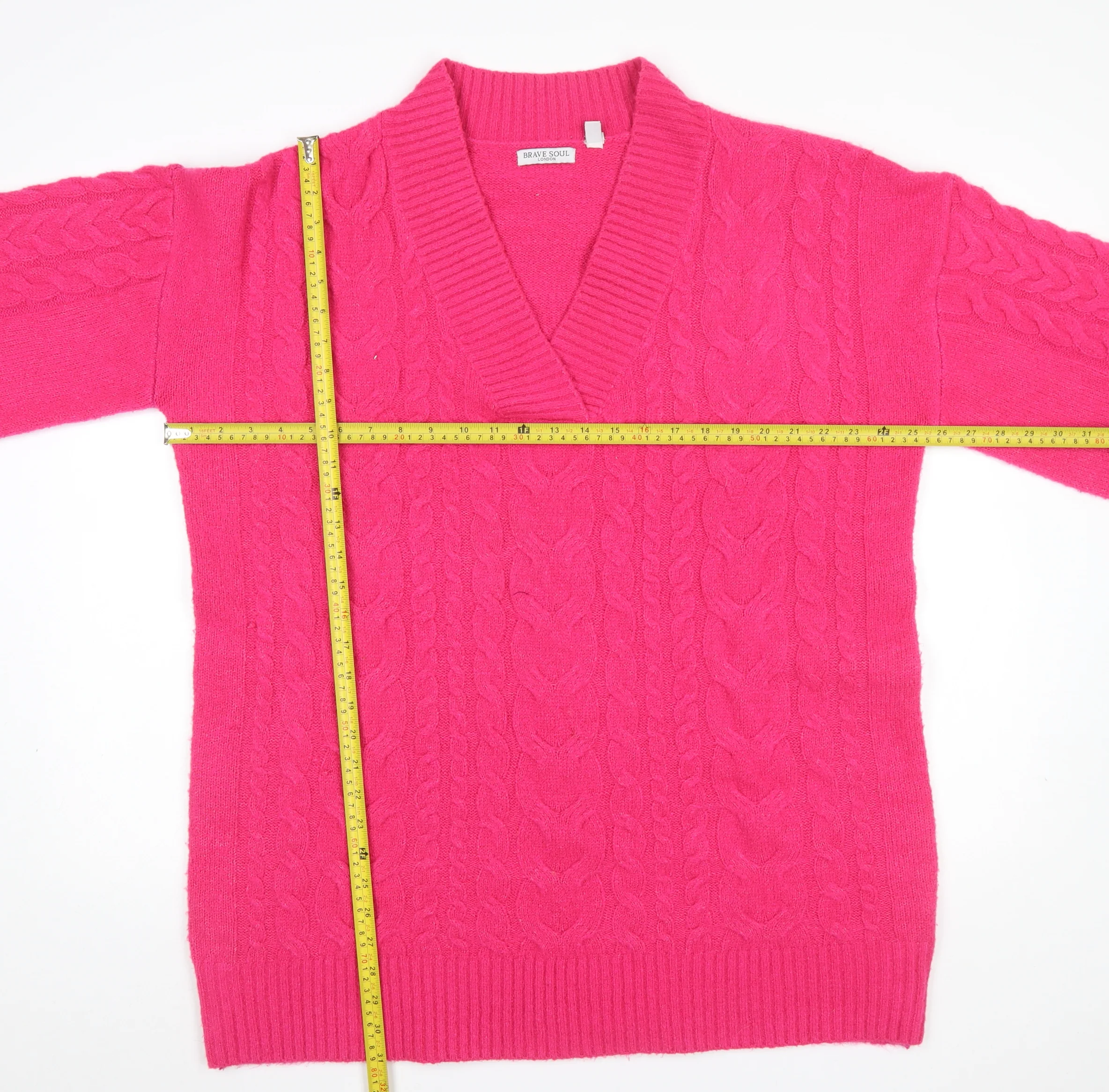 Brave Soul Women’s Pink Cable-Knit V-Neck Jumper Size L - Image 2