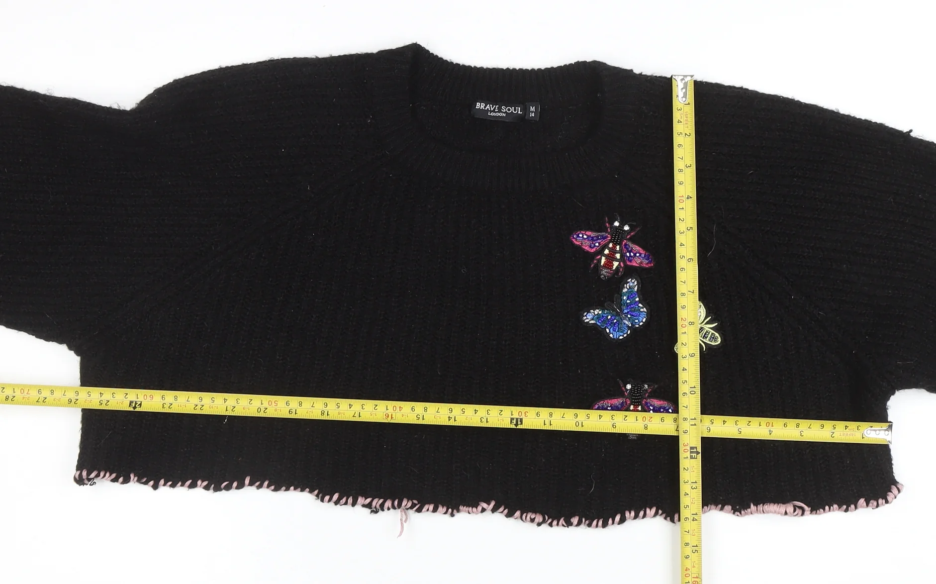 Brave Soul Women's Black Beaded Butterfly Chunky Knit Jumper Size 14 - Image 2