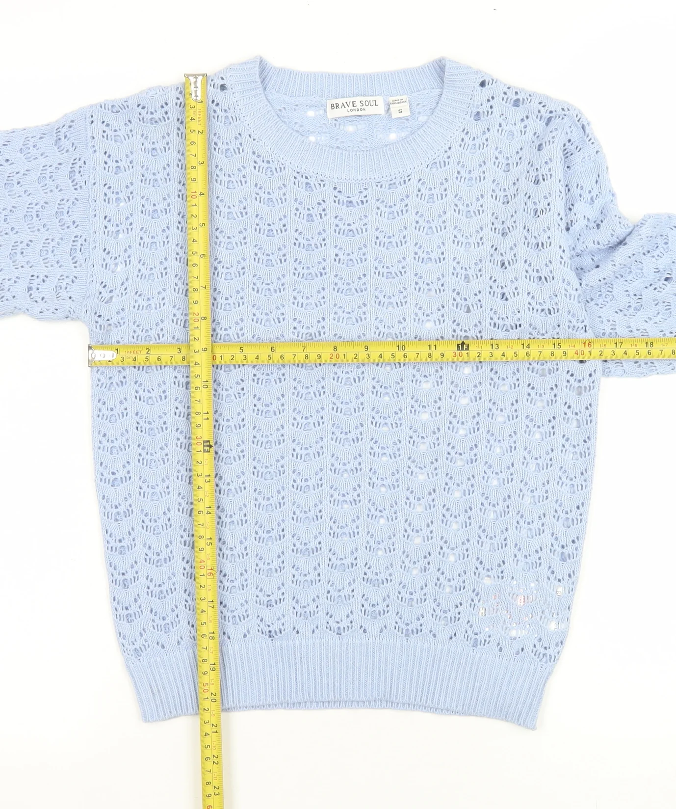 Brave Soul Women's Blue Open-Knit Crew Neck Jumper Size S - Image 2