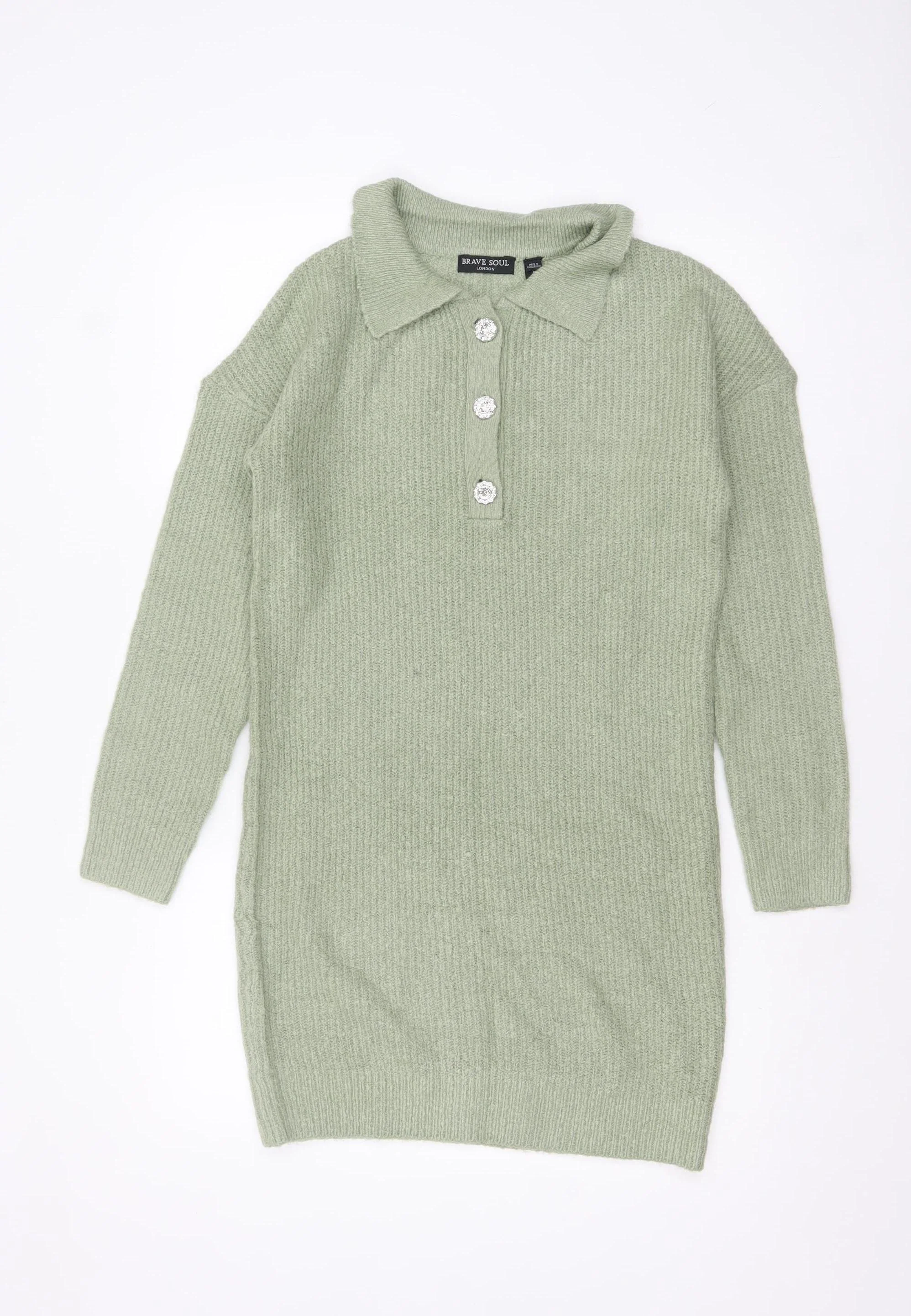 Brave Soul Women's Green Collared Henley Knit Jumper Size 8