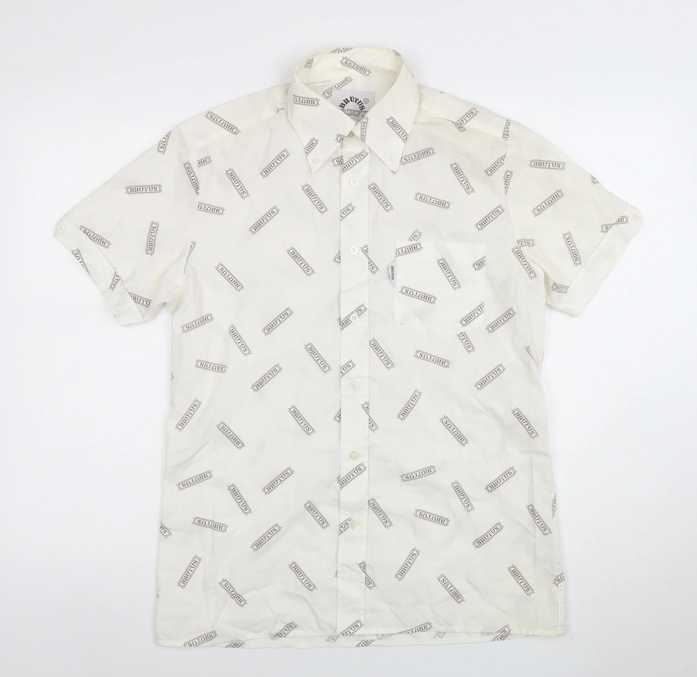 Brutus Men's White Short Sleeve Button-Up Shirt M Retro Graphic Print