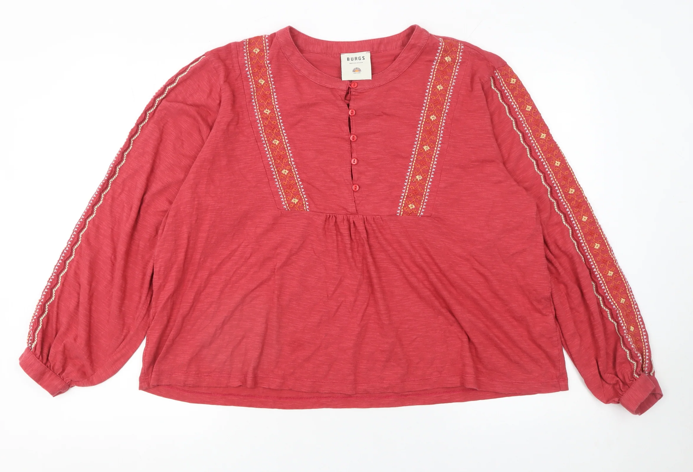 Burgs Women Red Embroidered Long Sleeve Blouse UK 16 Cotton Modal