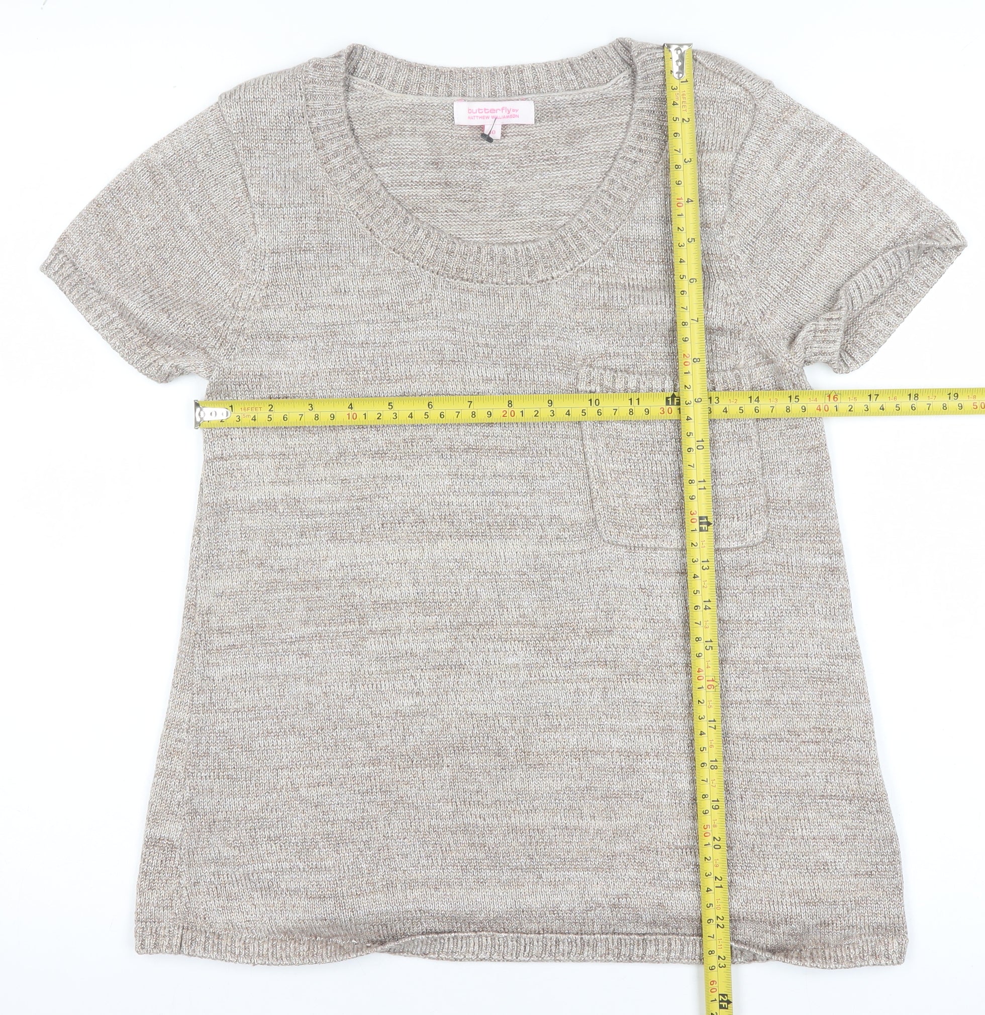 Butterfly by Matthew Williamson Women’s Beige Knit Short Sleeve Pullover Size 10 - Image 2