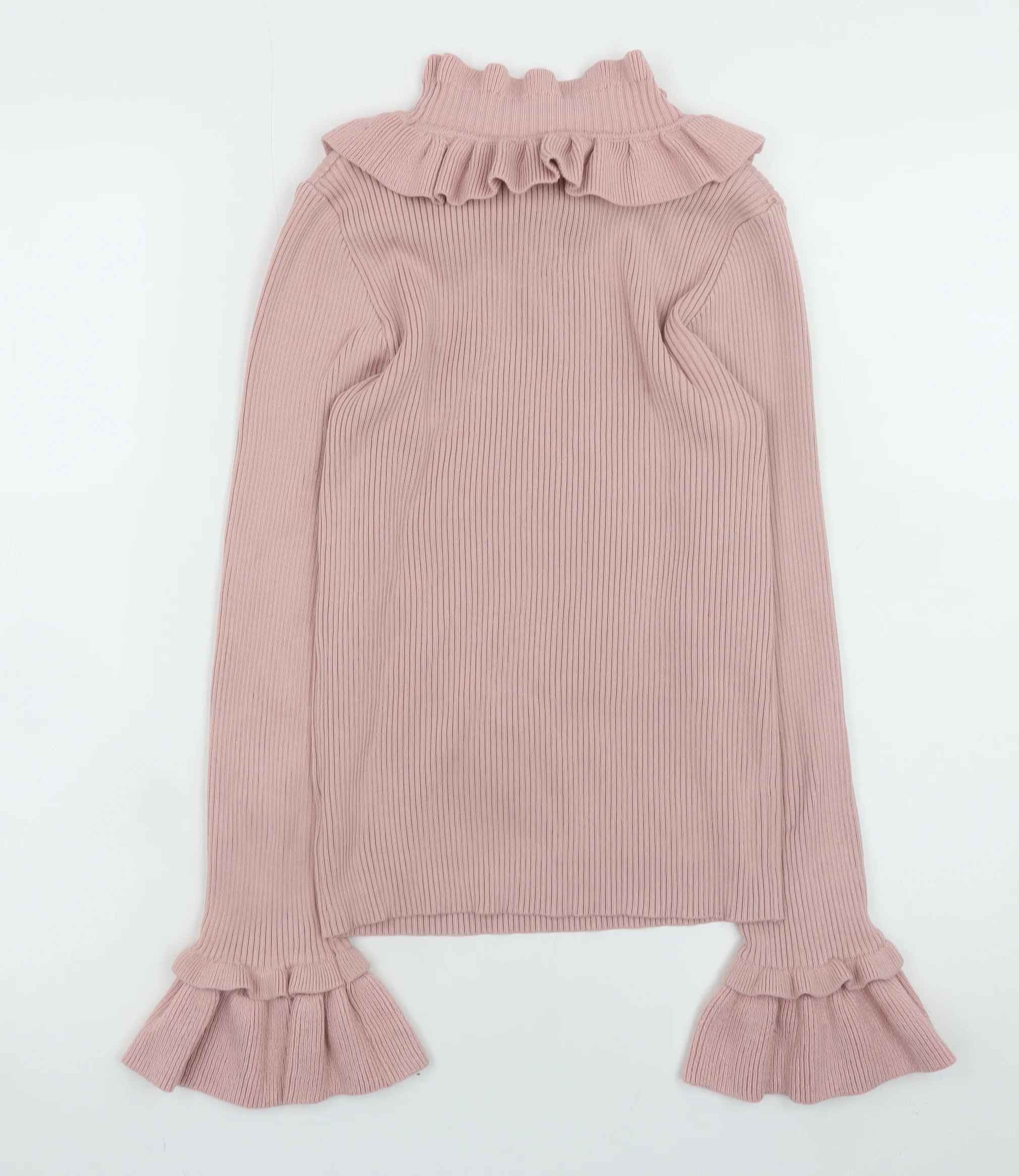 By Clara Women Pink Ruffle High Neck Rib Knit Jumper S - Image 3