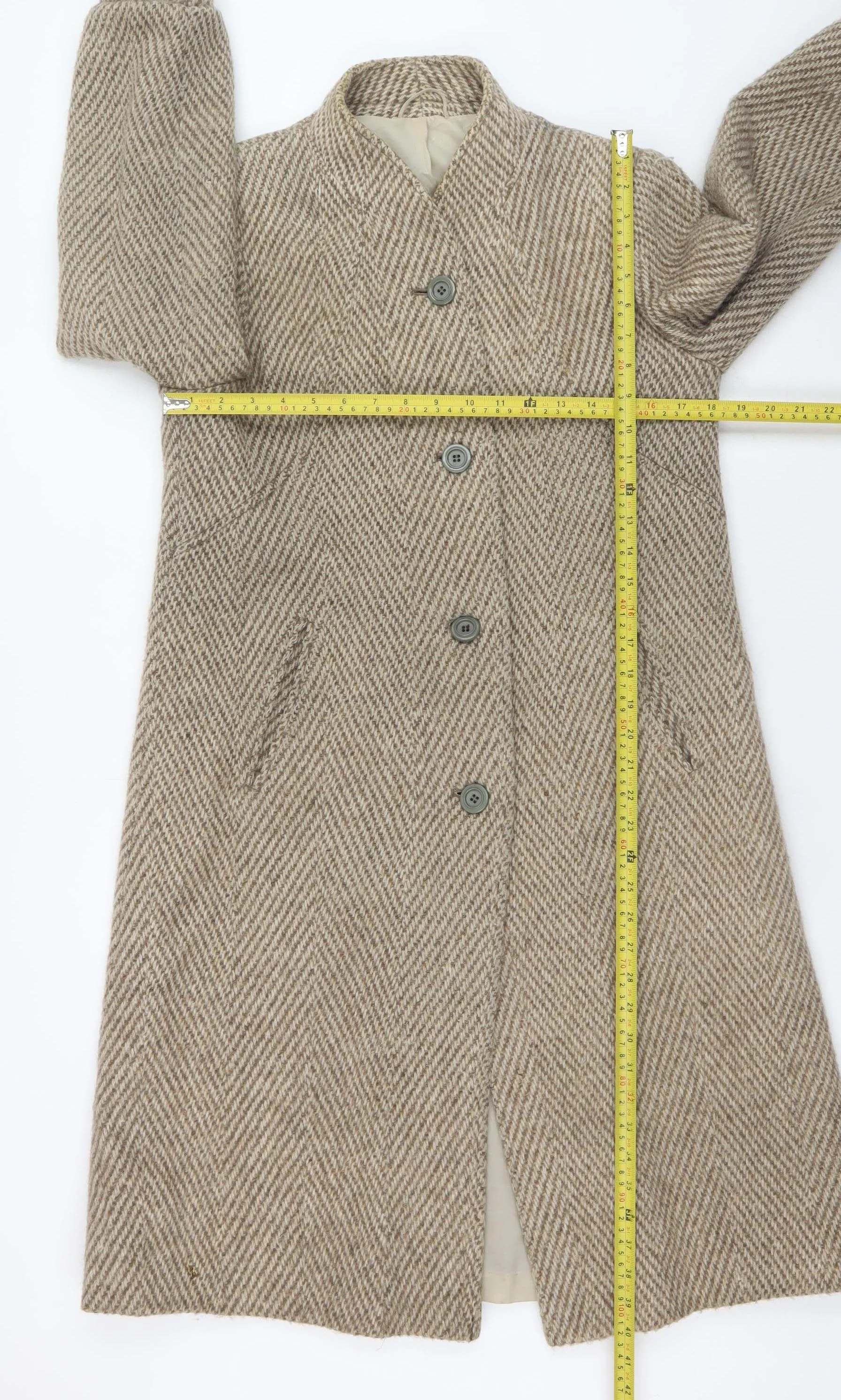 C&A Women Beige Wool Blend Long Overcoat Size 12 Classic Herringbone - Image 2