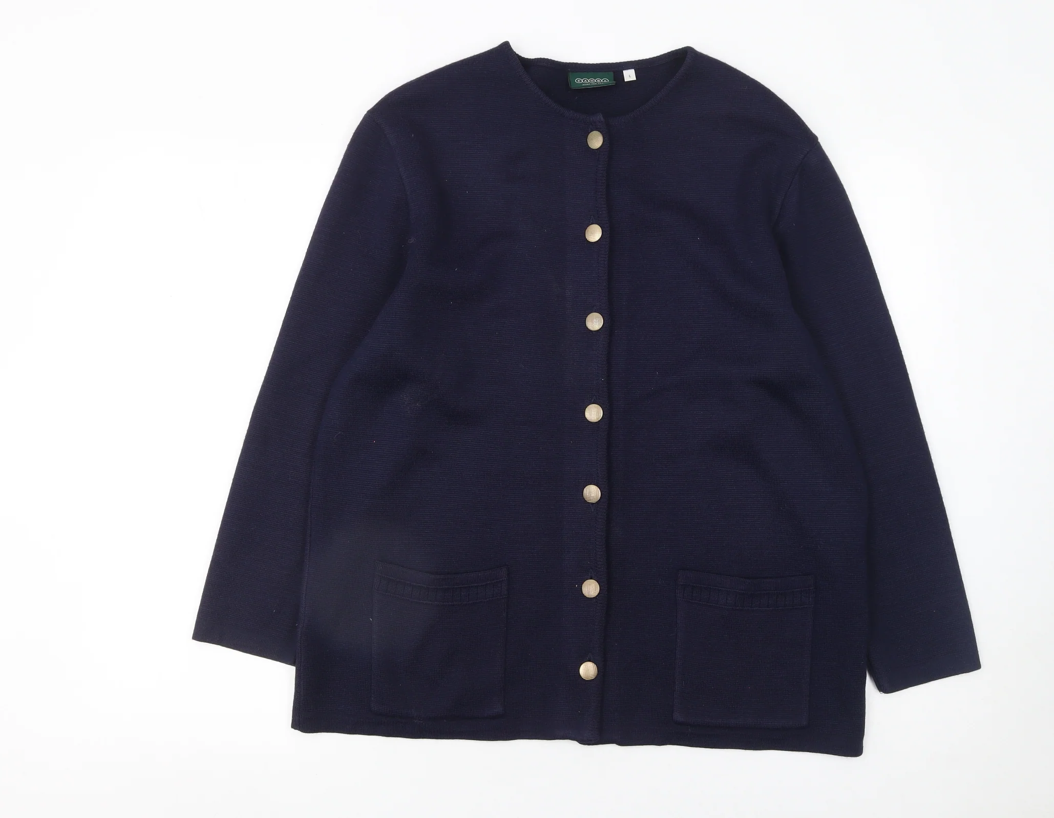 Canda Women’s Blue Cardigan L Knit Button Front Crew Neck Wool Blend