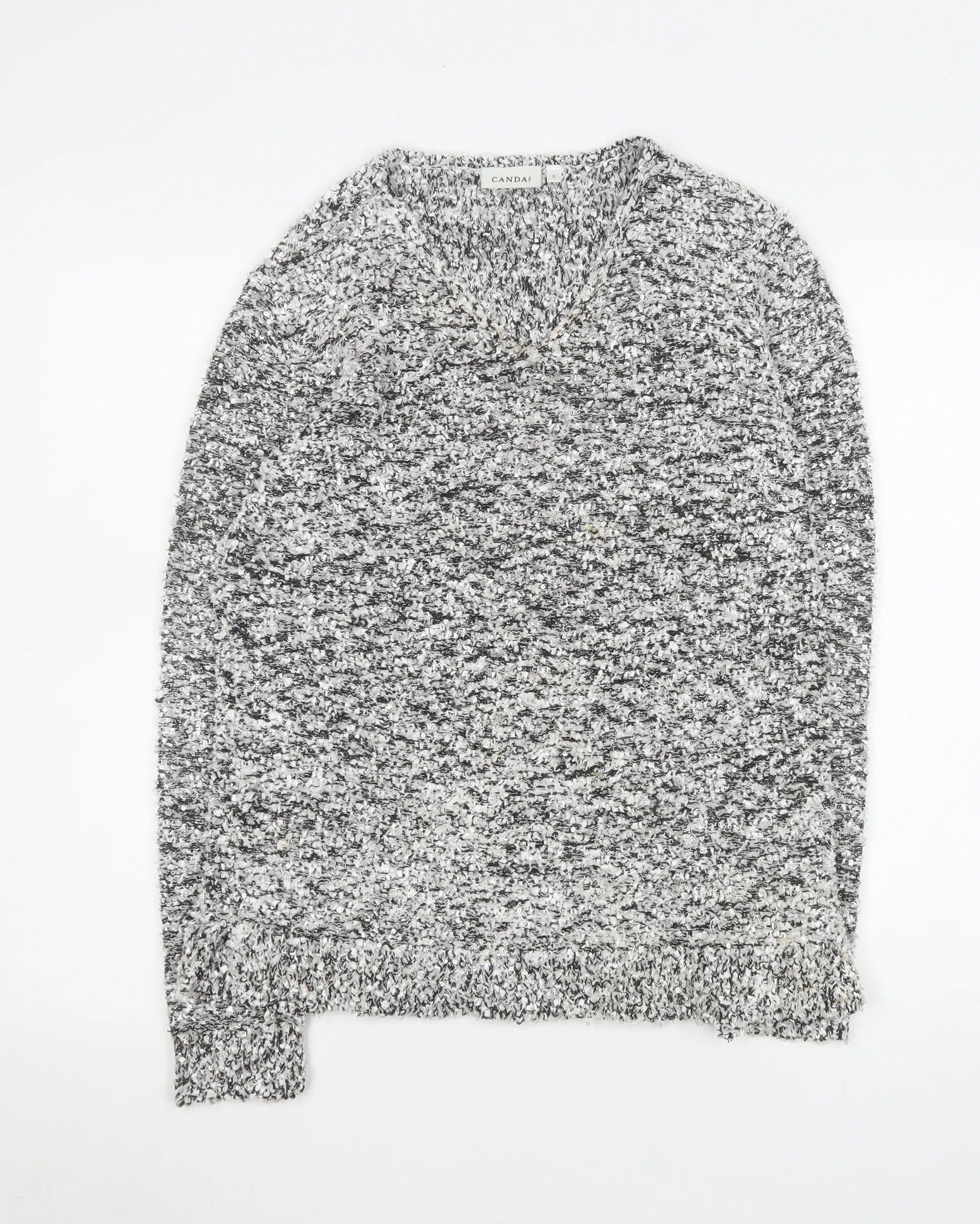 Canda Women’s Grey Chunky Knit V-Neck Pullover Jumper Size S