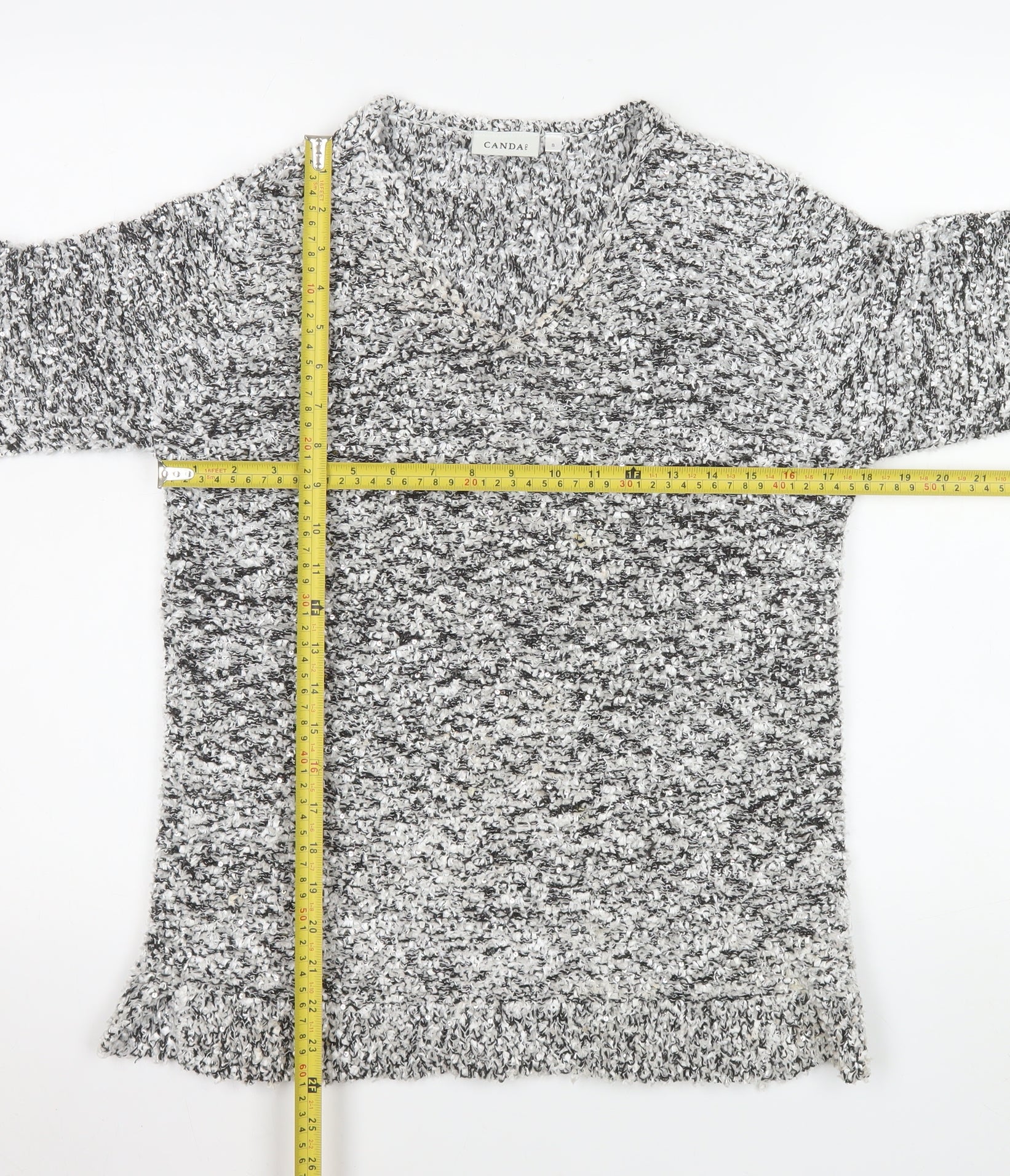 Canda Women’s Grey Chunky Knit V-Neck Pullover Jumper Size S - Image 2