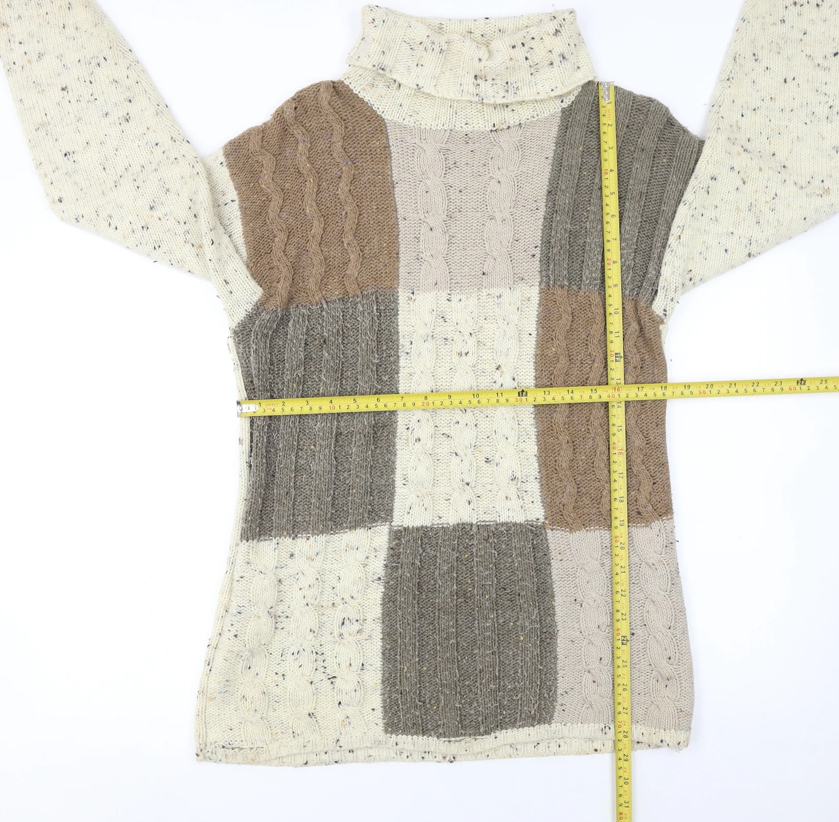 Canda Women's Beige Patchwork Roll Neck Cable-Knit Jumper Size S - Image 2