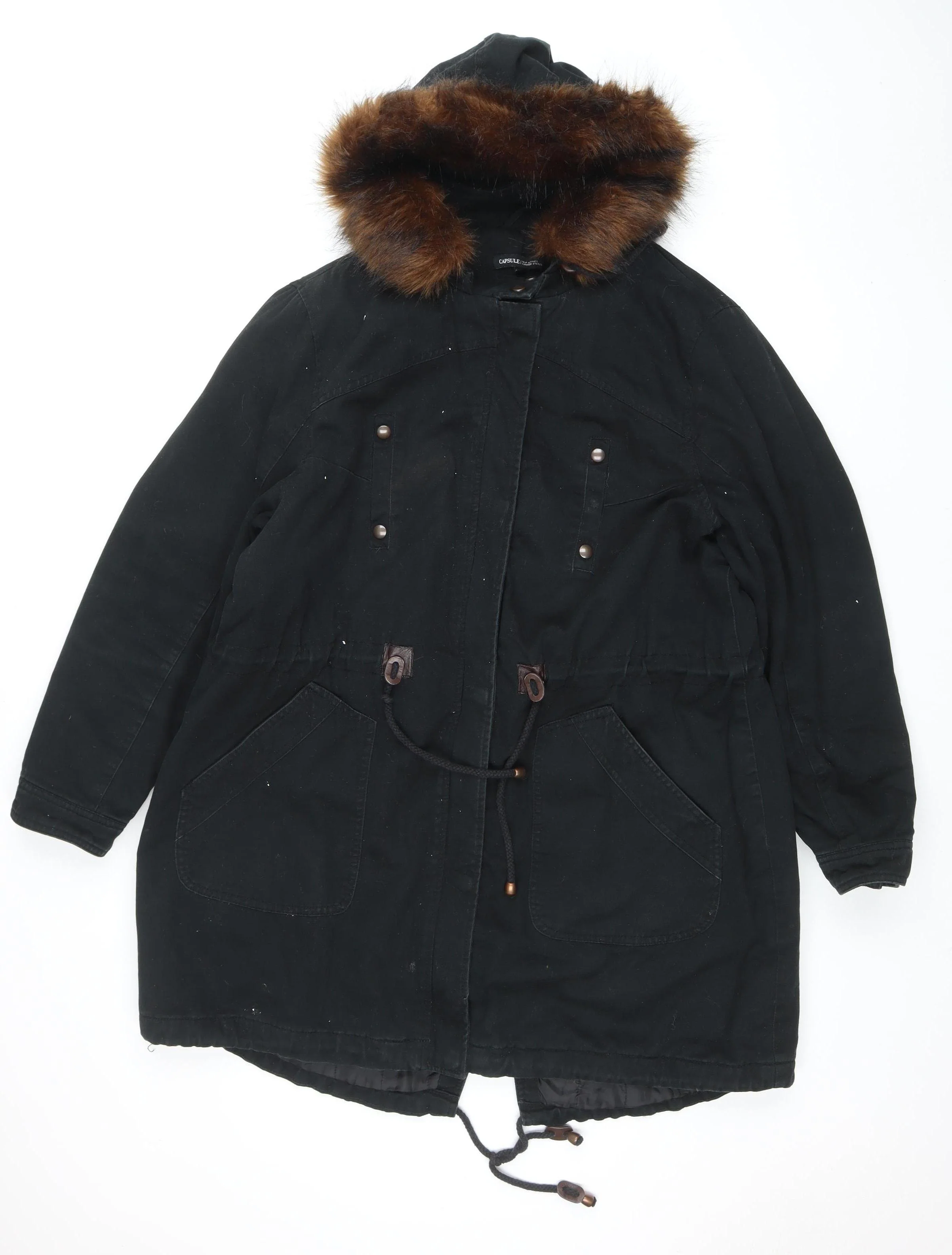 Capsule Women’s Black Faux Fur Hooded Cotton Parka Coat Size 20
