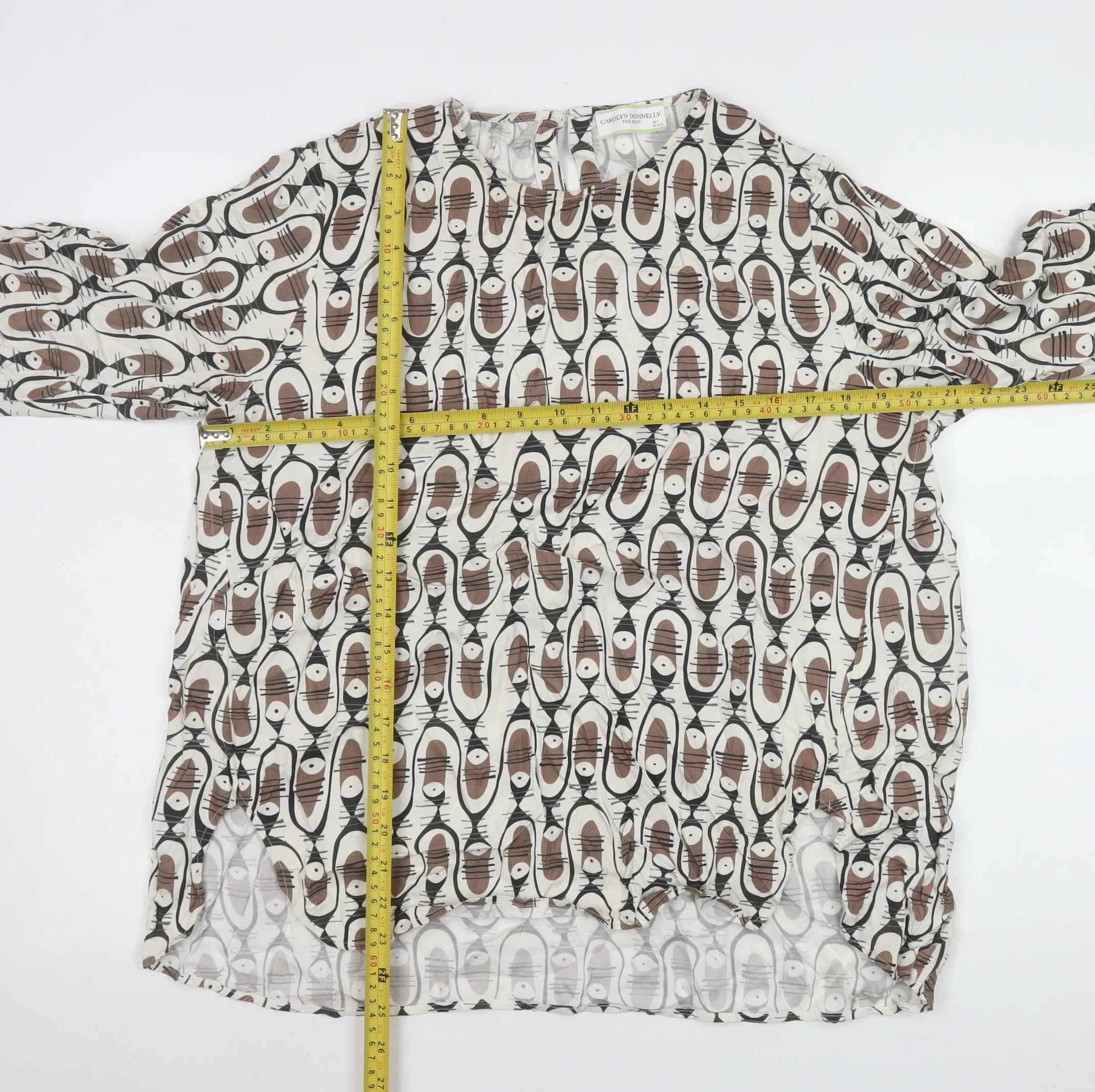 Carolyn Donnelly The Edit Women’s Brown Beige Geometric Long Sleeve Blouse Size L - Image 2