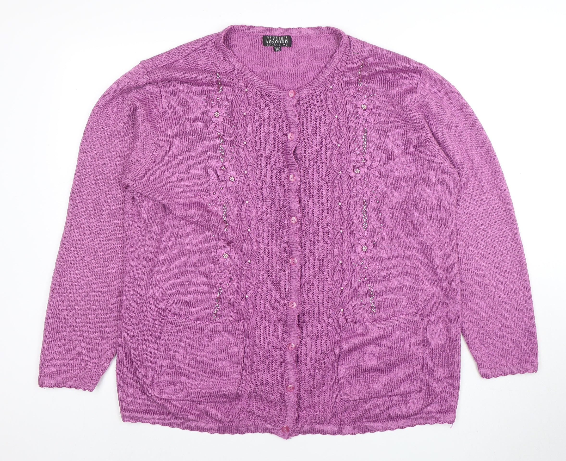 Casamia Women’s Purple Plus Size Knit Cardigan with Floral Embroidery