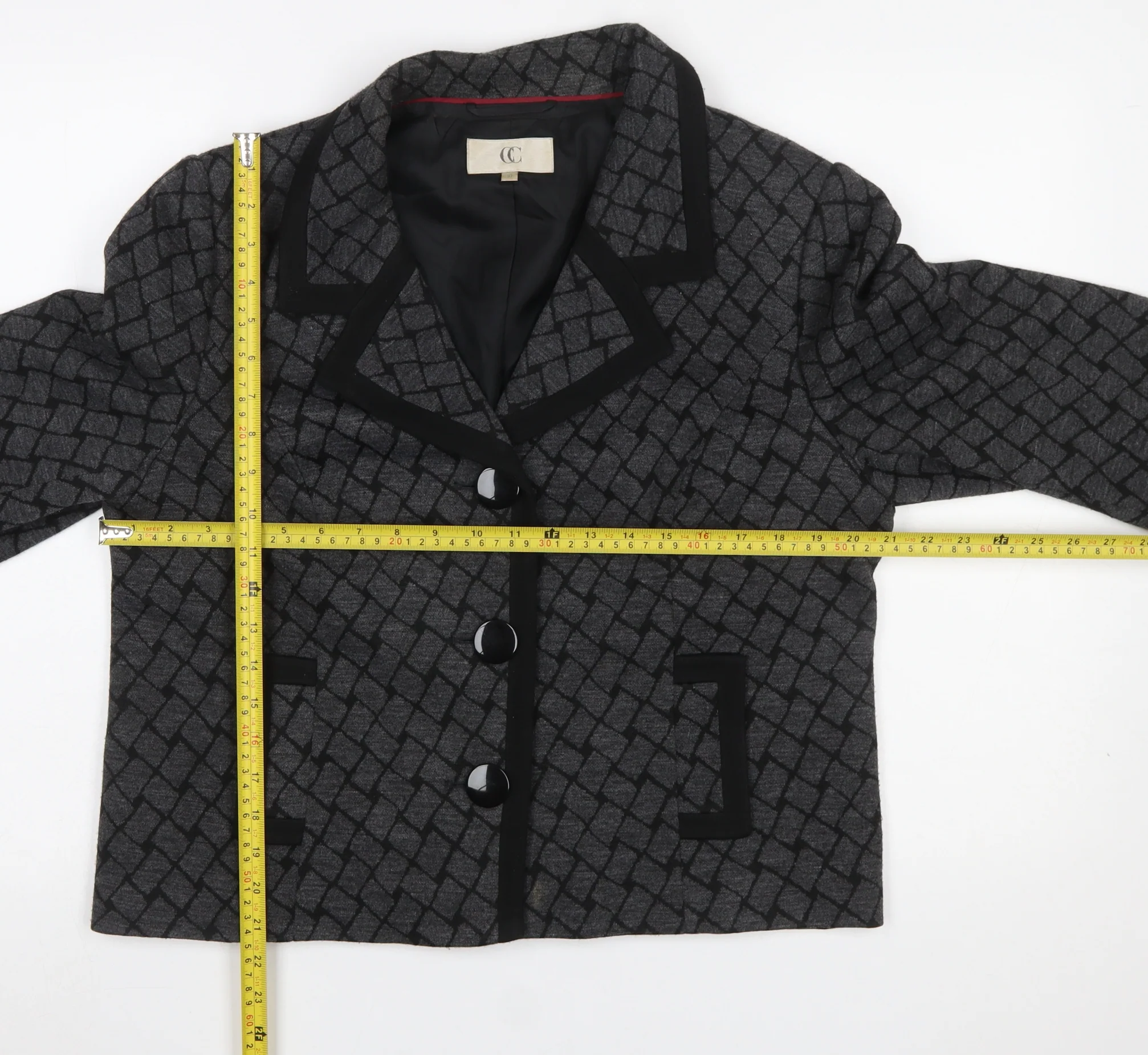 CC Women Grey Black Geometric Pattern Blazer Size 16 Lined Jacket - Image 2