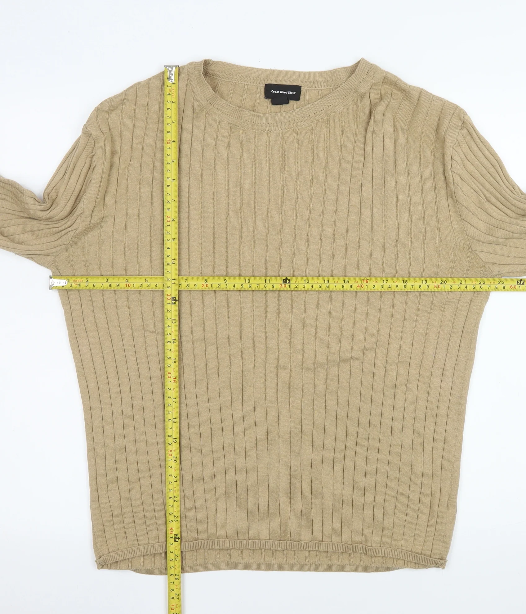 Cedar Wood State Men's Beige 2XL Ribbed Crew Neck Cotton Blend Jumper - Image 2