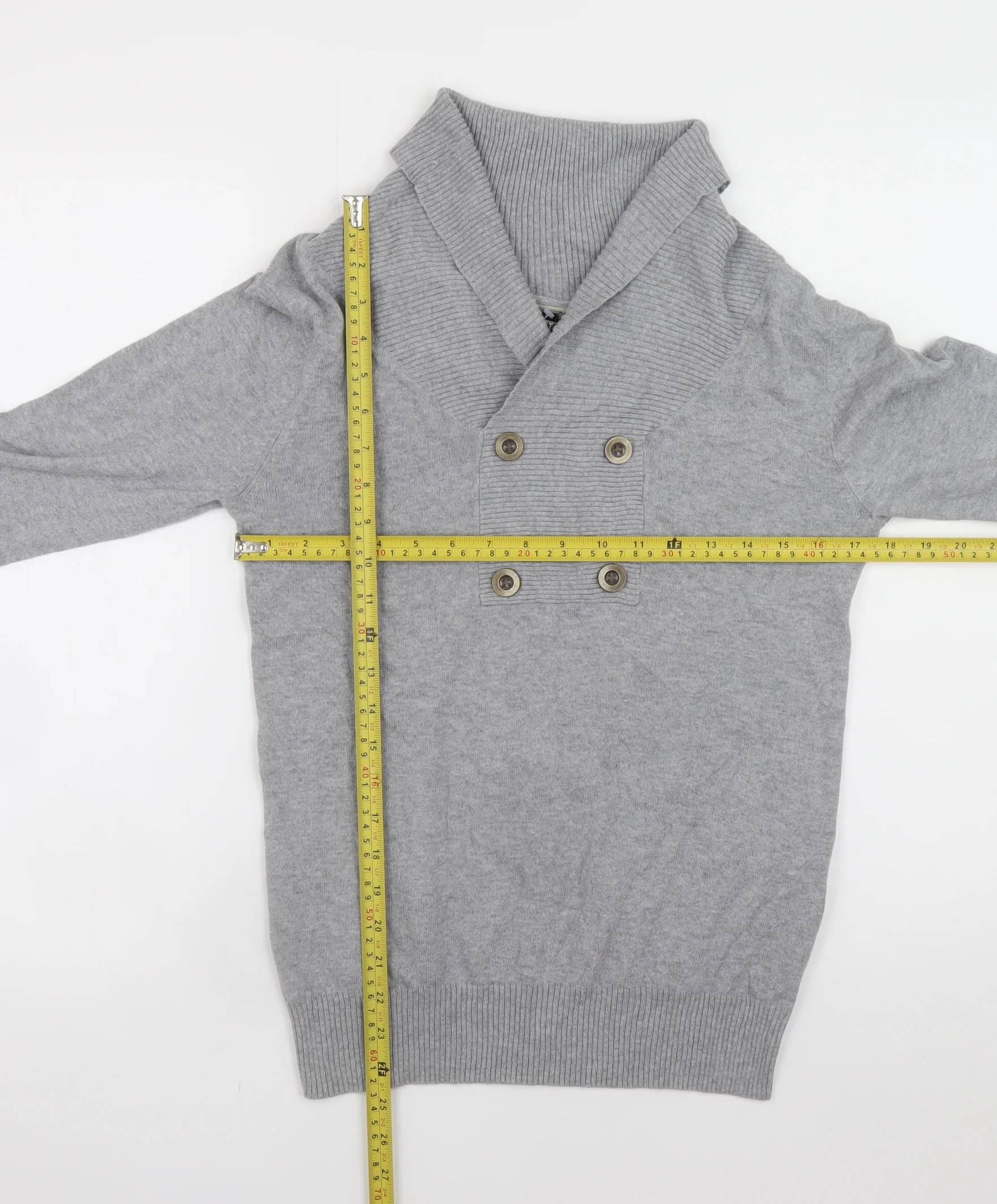 Cedarwood State Men’s Grey Cotton Shawl Collar Button Jumper Size S - Image 2