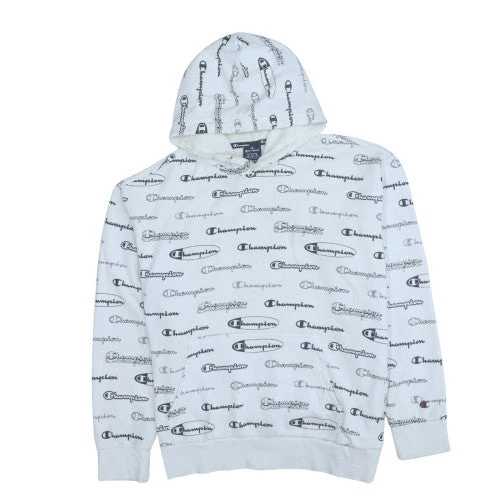 Champion Mens White Logo Print Pullover Hoodie Medium