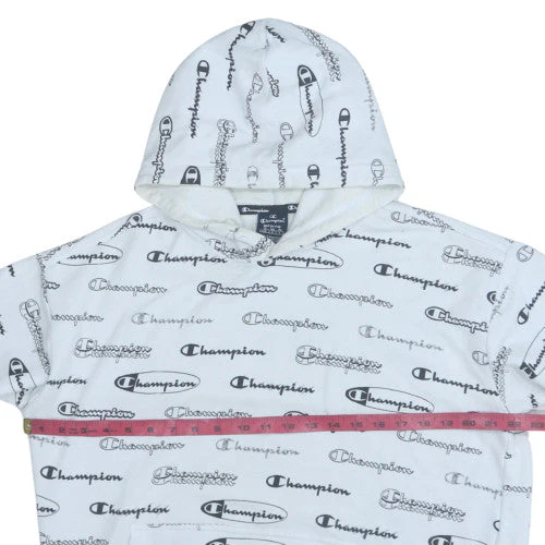 Champion Mens White Logo Print Pullover Hoodie Medium - Image 2