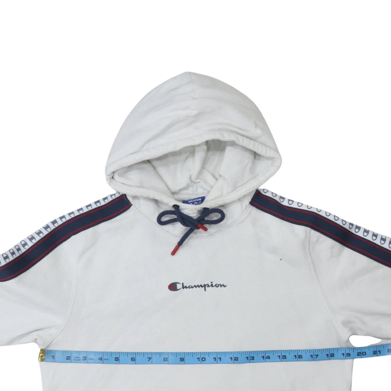 Champion Men's White Pullover Hoodie Medium Logo Stripe - Image 3
