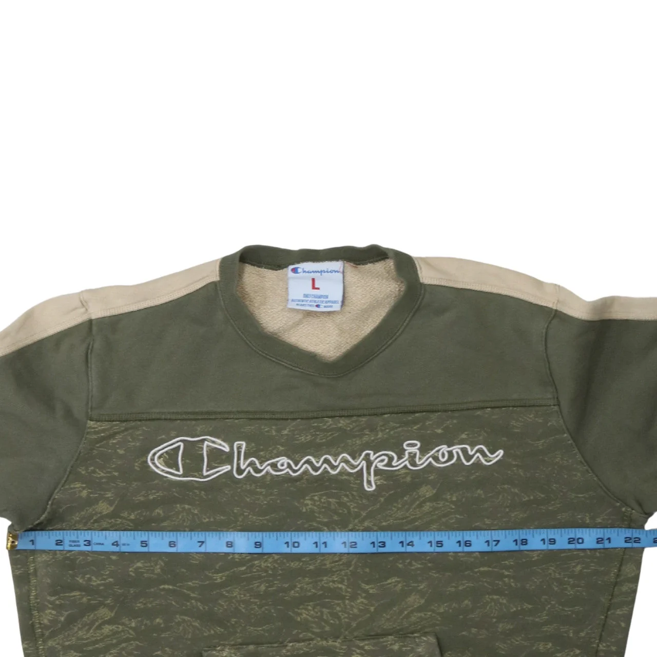Champion Women’s Green Beige Pullover Sweatshirt L Logo Print Cotton - Image 2