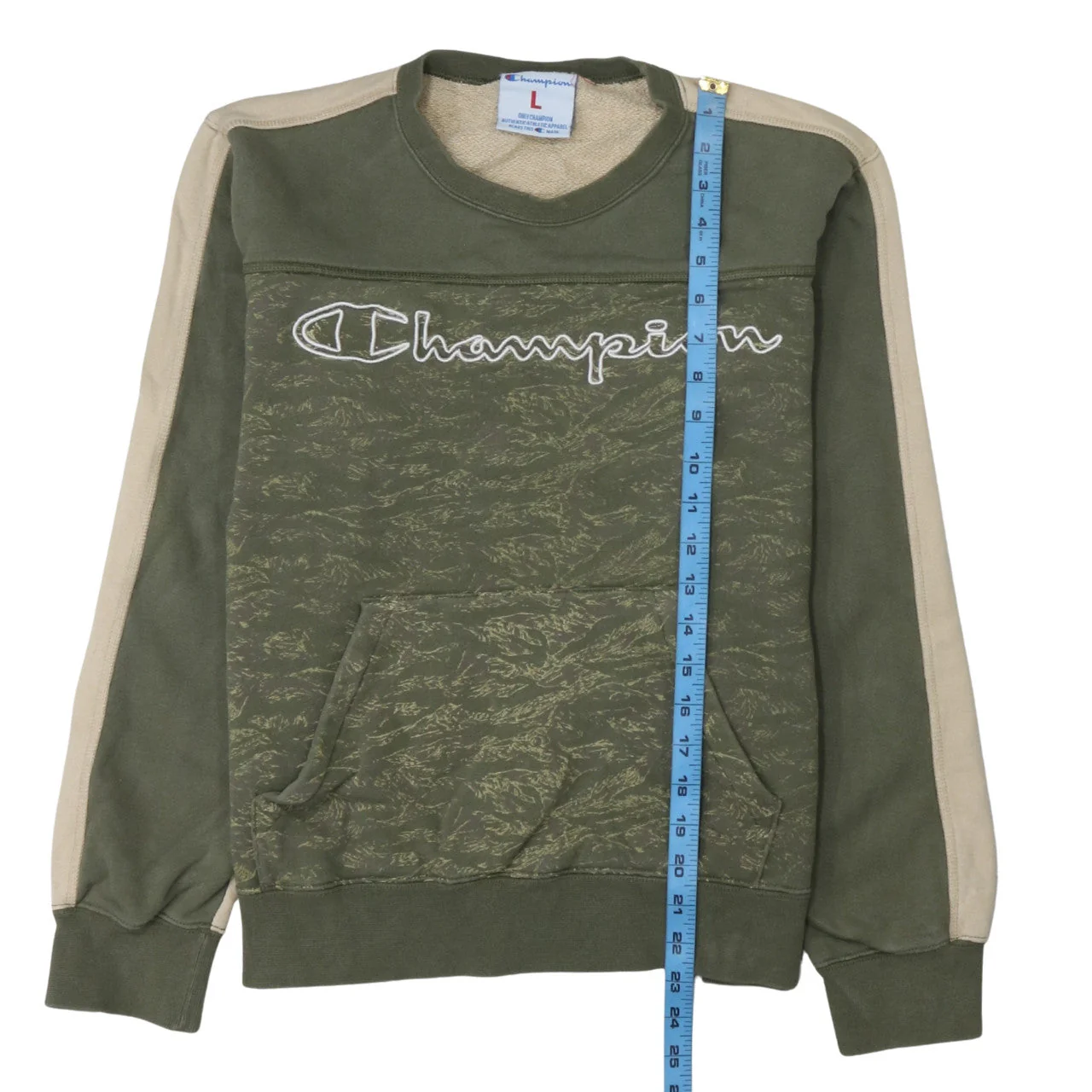 Champion Women’s Green Beige Pullover Sweatshirt L Logo Print Cotton - Image 3