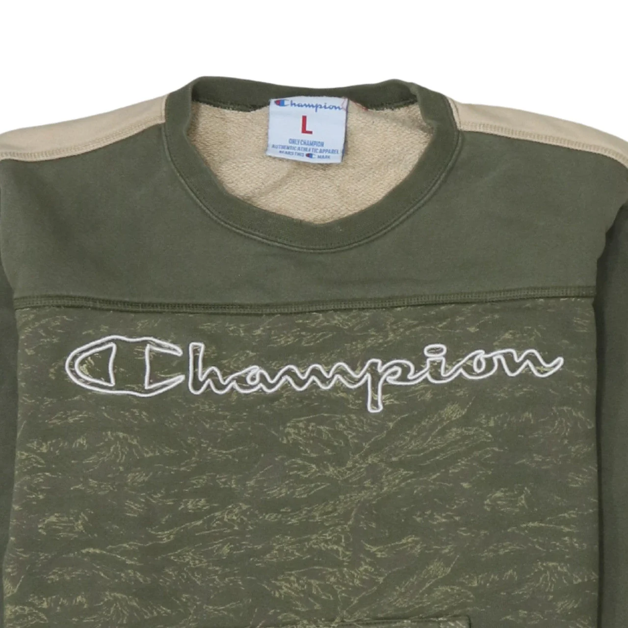 Champion Women’s Green Beige Pullover Sweatshirt L Logo Print Cotton - Image 7
